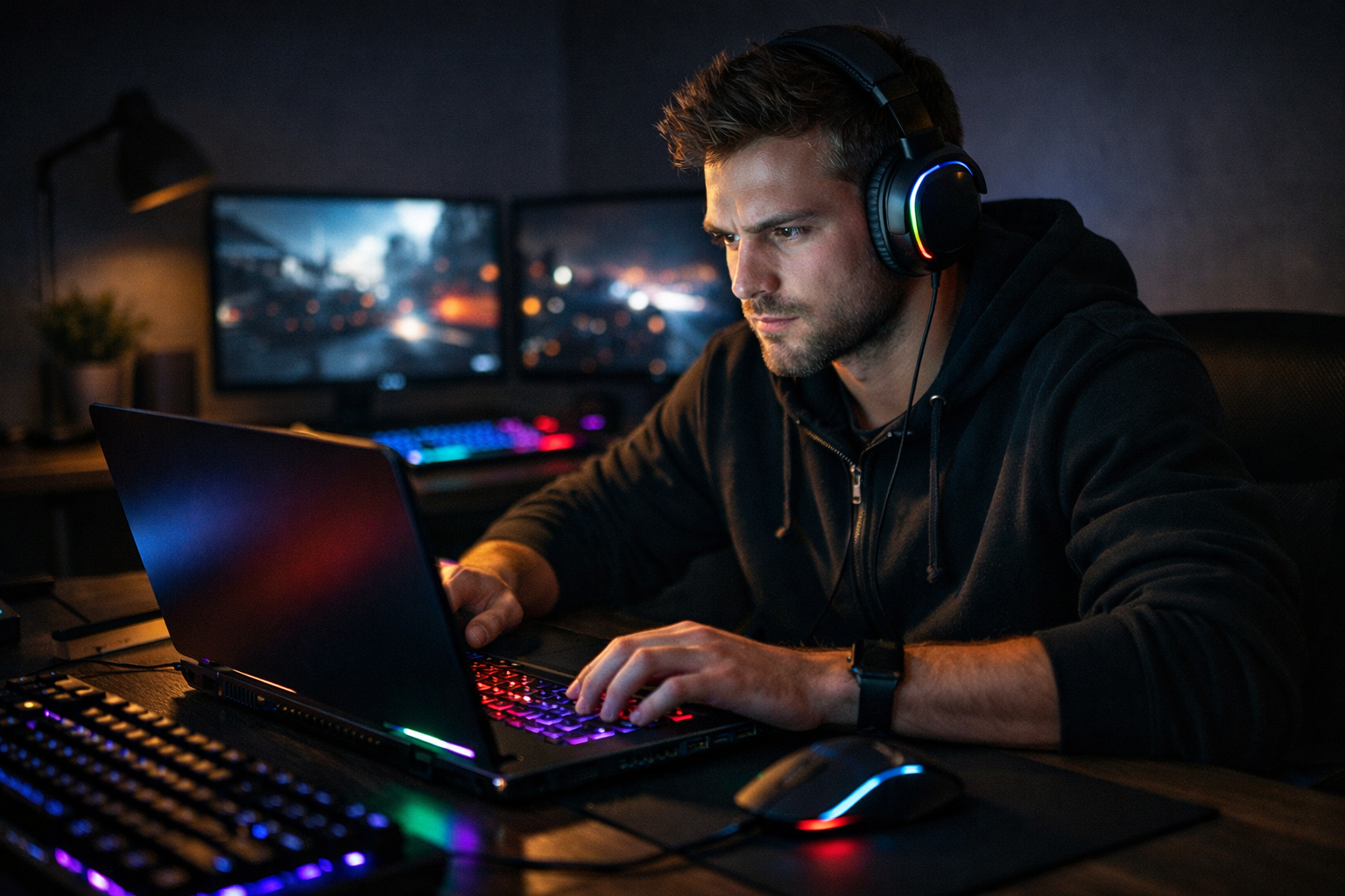 En mann som sitter å gamer på en laptop i et mørkt rom