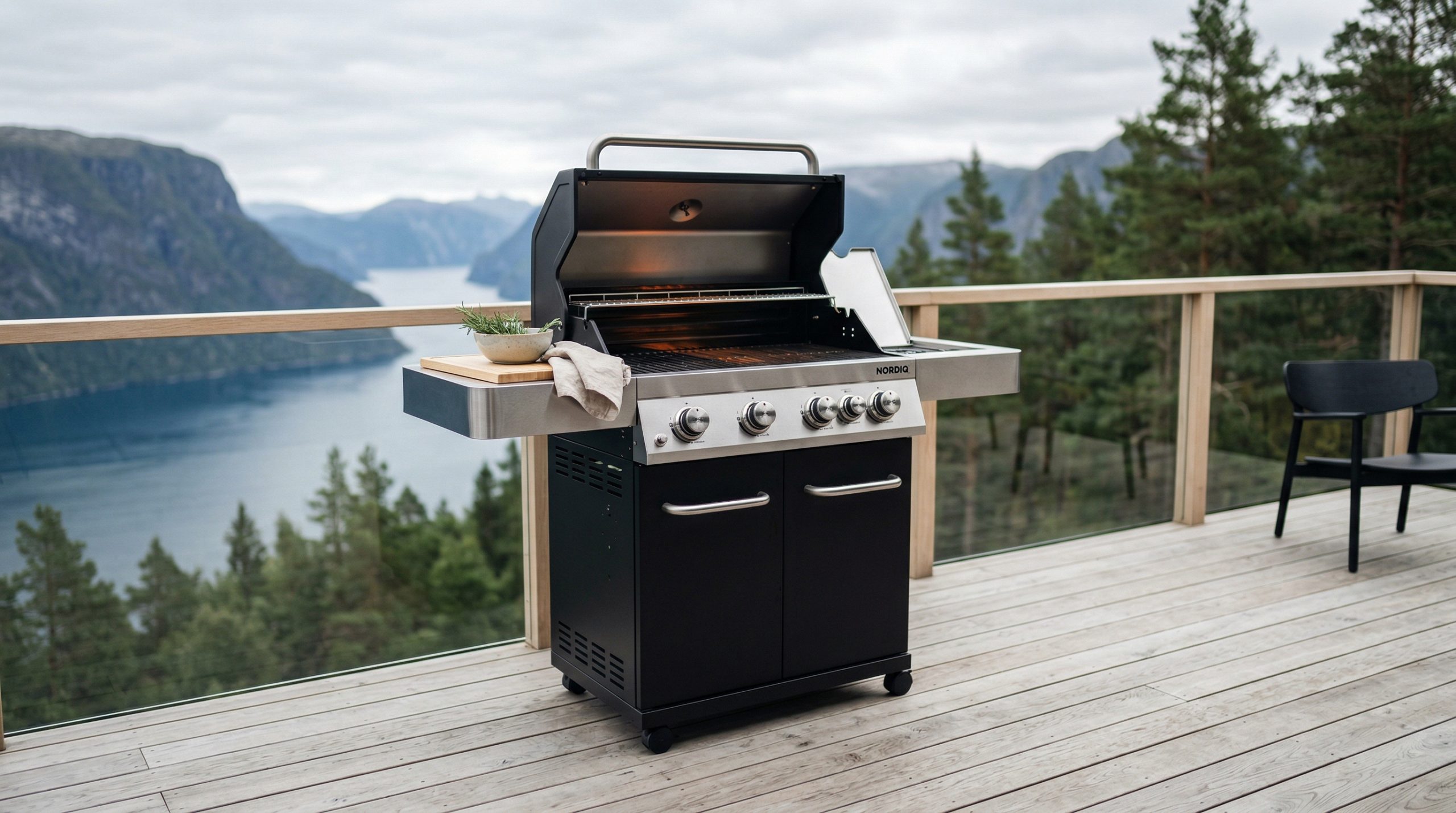 En gassgrill på en veranda med utsikt over en norsk fjord