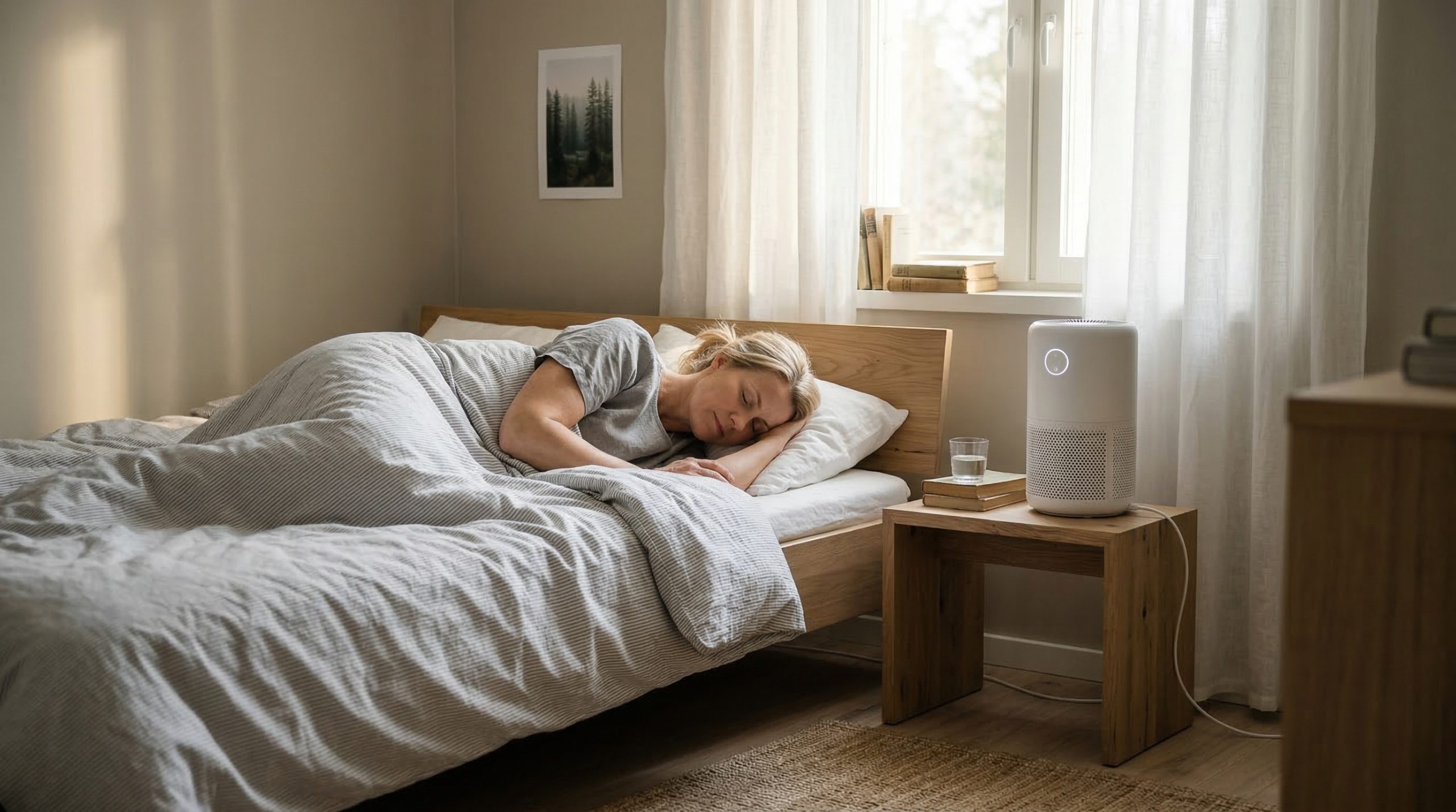 En person som sover med en luftrenser på nattbordet