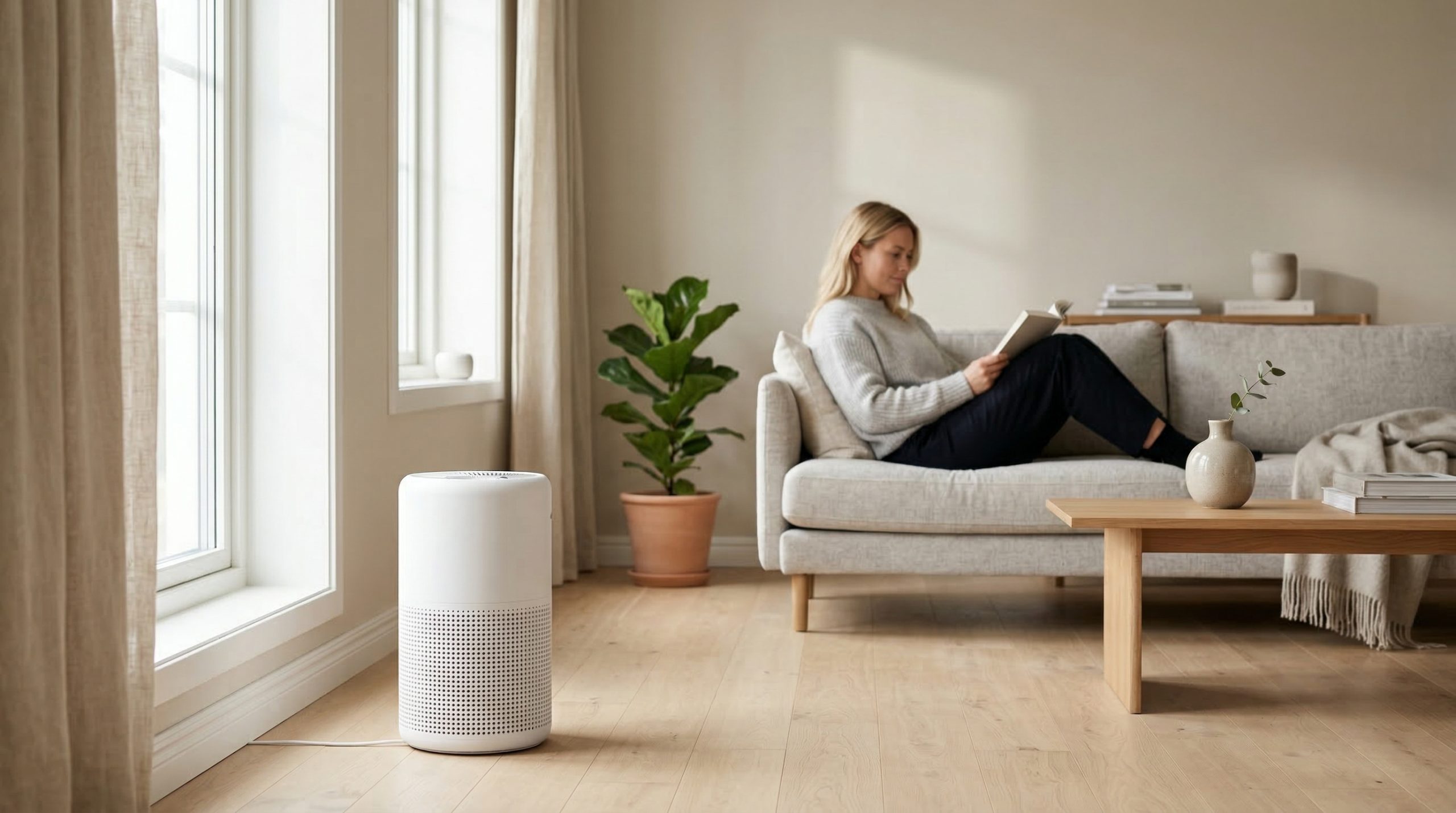 En kvinne som sitter på en sofa og leser, mens en moderne luftrenser holder inneklimaet godt