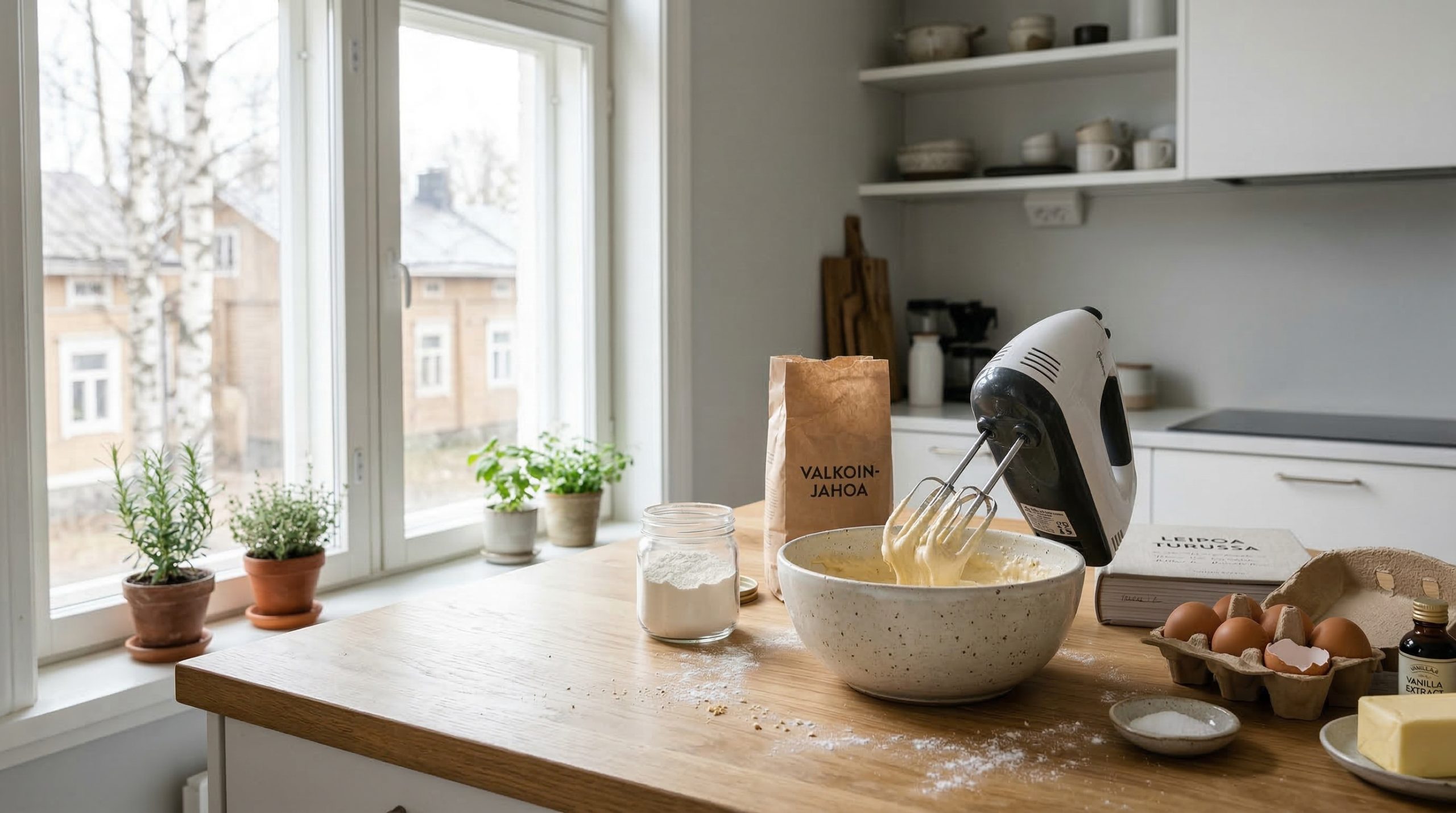 Håndmikser med en bolle og ingredienser for baking rundt