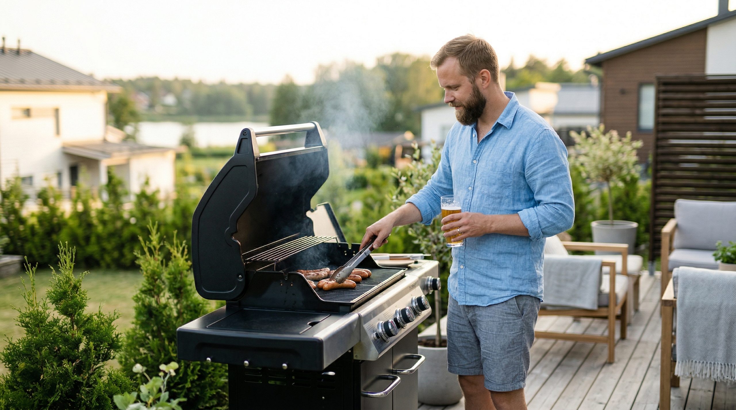En mann som griller i en hage på en moderne gassgrill