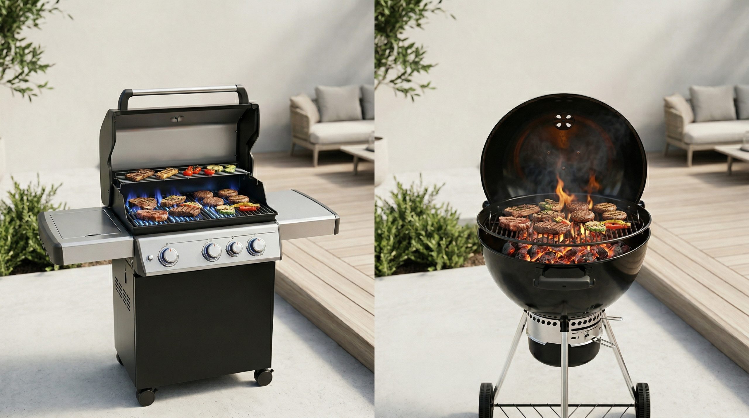 En gassgrill til venstre og en kullgrill til høyre