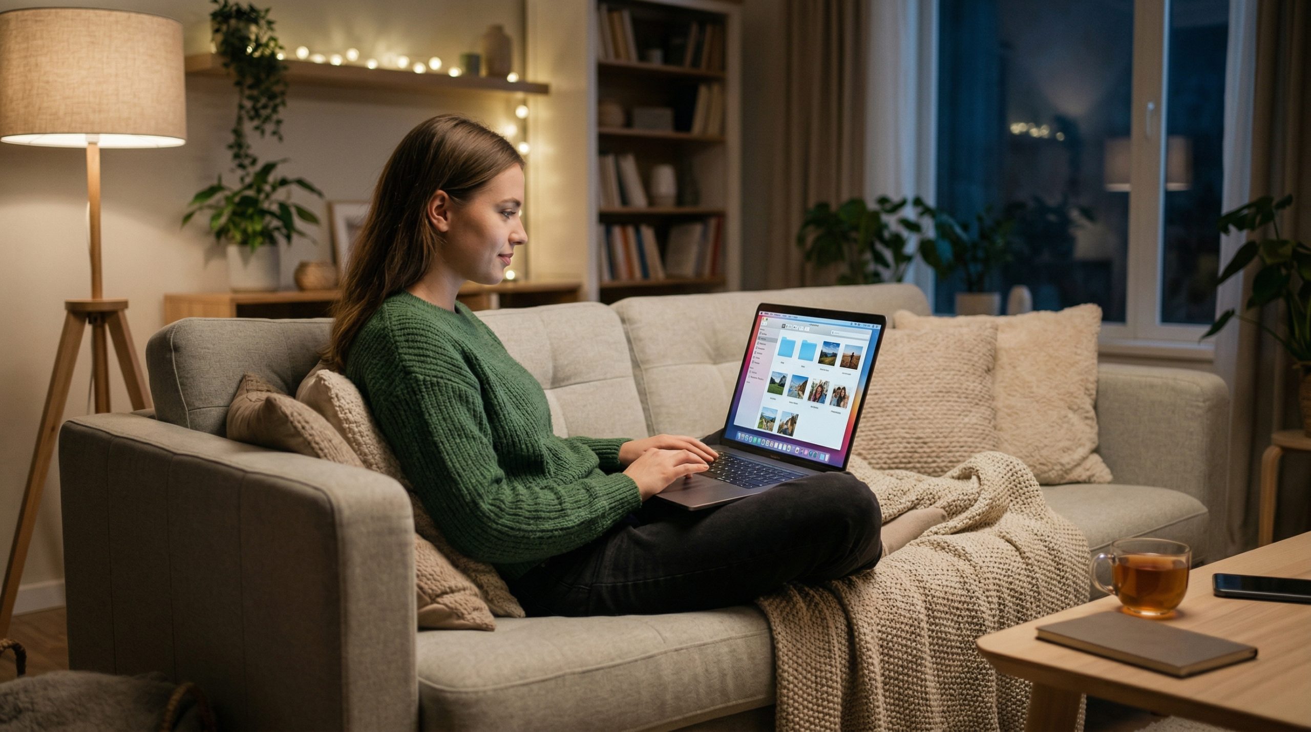 En ung kvinne som sitter på en sofa og jobber på en laptop