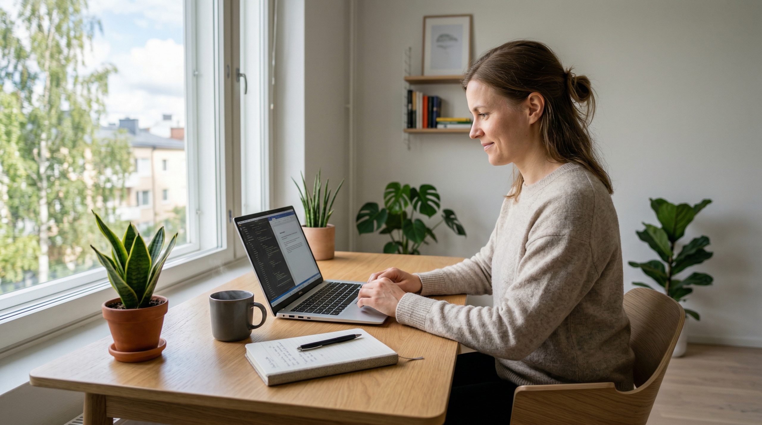En kvinne som jobber med en laptop på et hjemmekontor