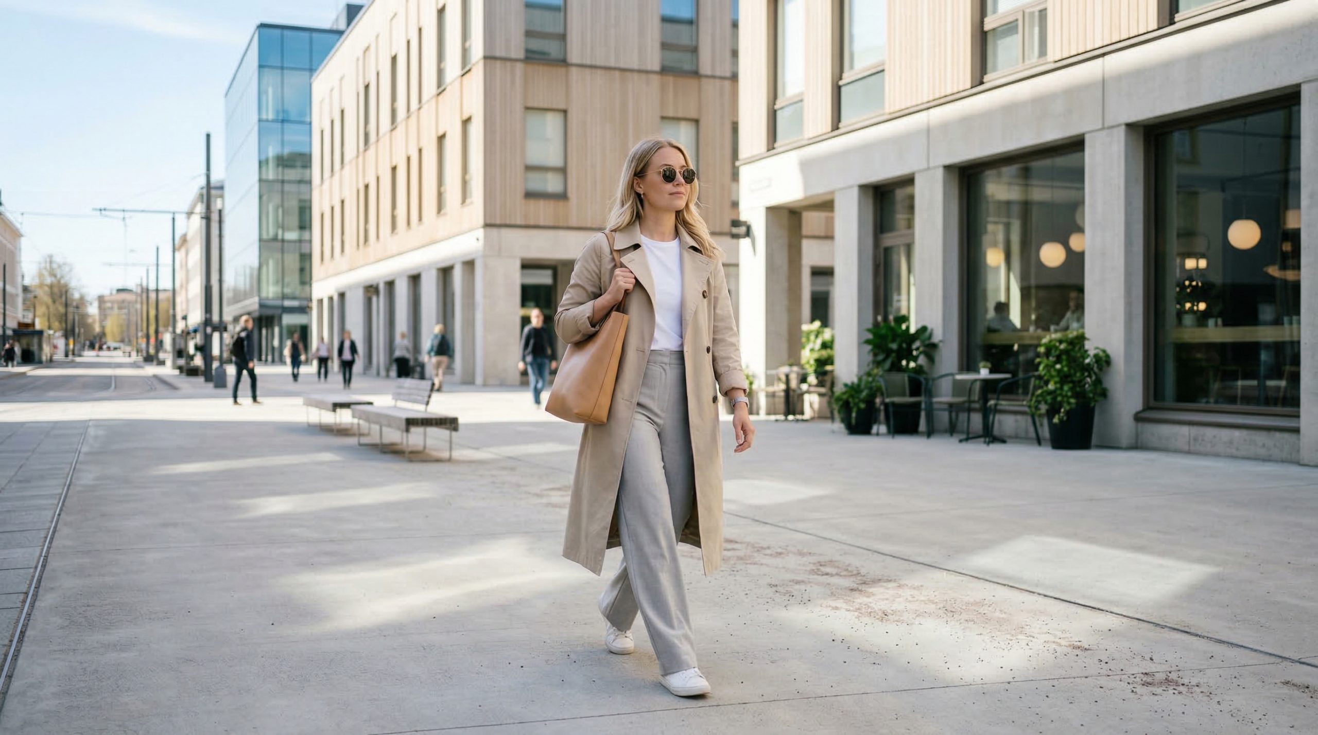 En kvinne med polariserte solbriller i en bygate