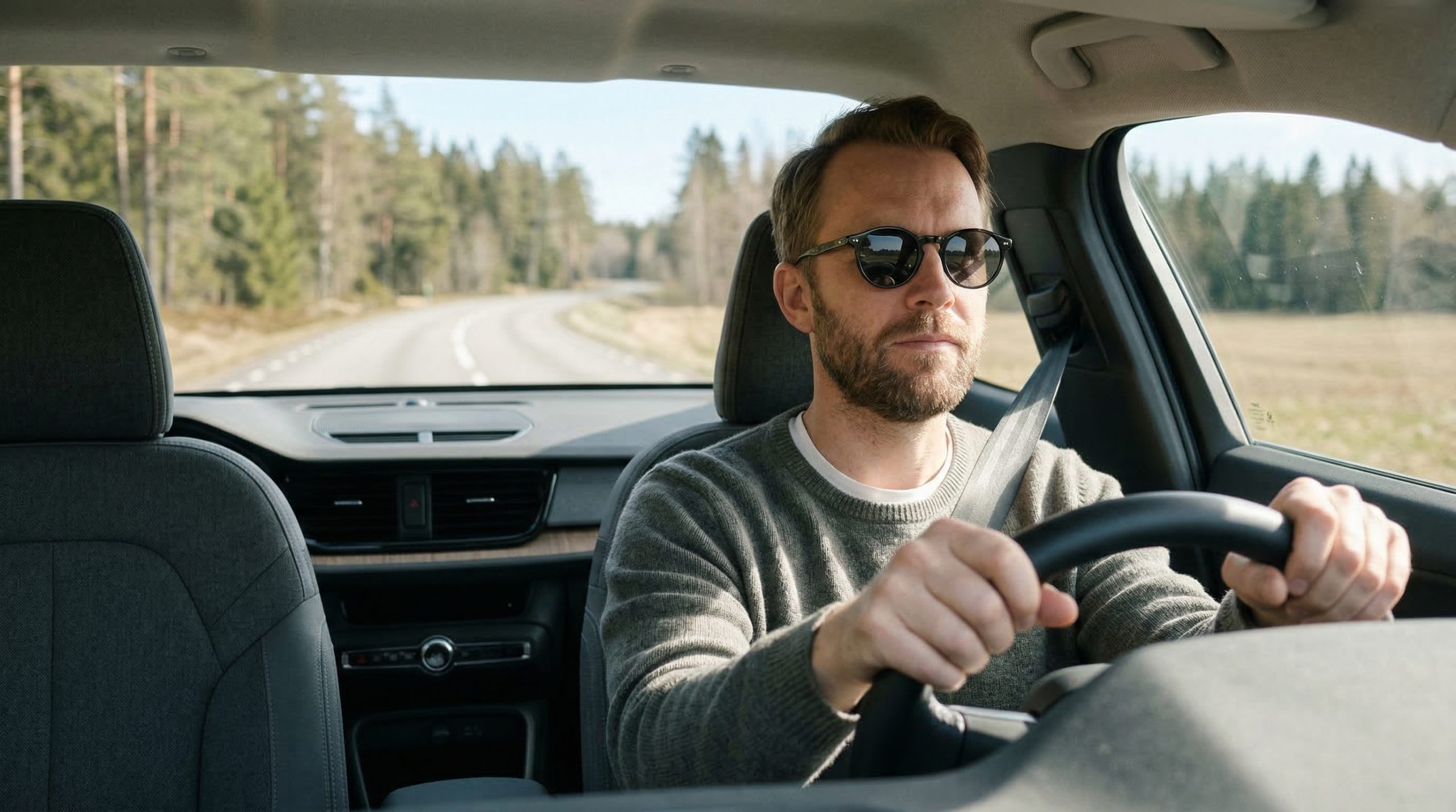 En mann med polariserte solbriller som kjører en bil i sola