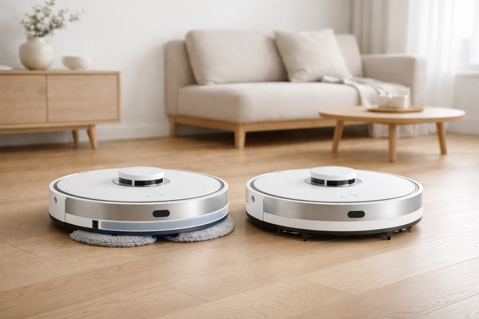 En robotstøvsuger med mopp og en uten ved siden av hverandre på et stuegulv