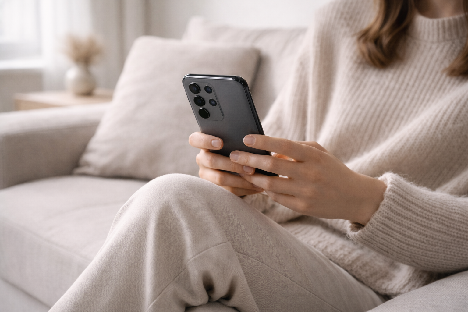 En kvinne som sitter med en samsung-mobil
