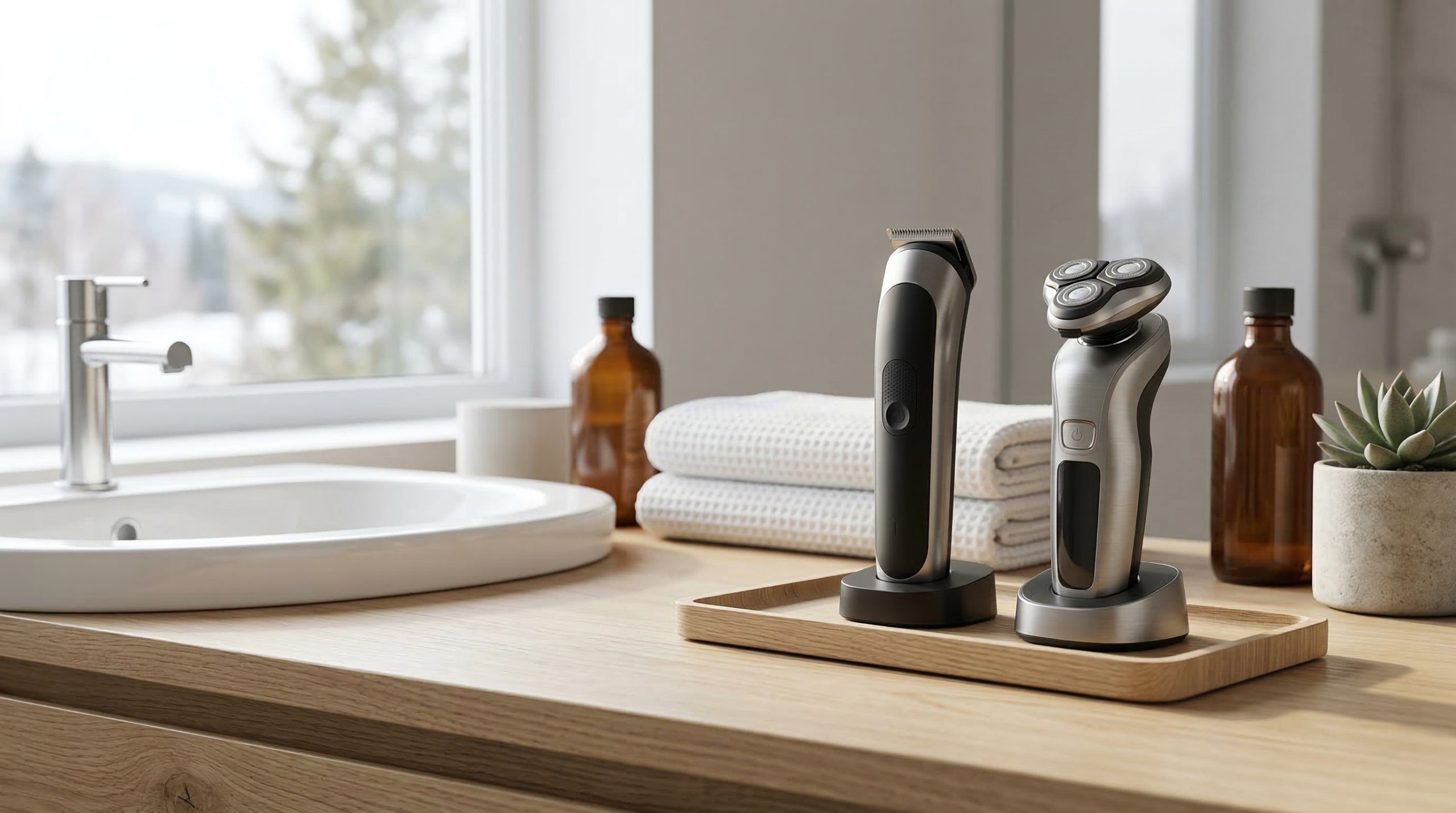 En skjeggtrimmer og en barbermaskin ved siden av hverandre på et baderomsbord