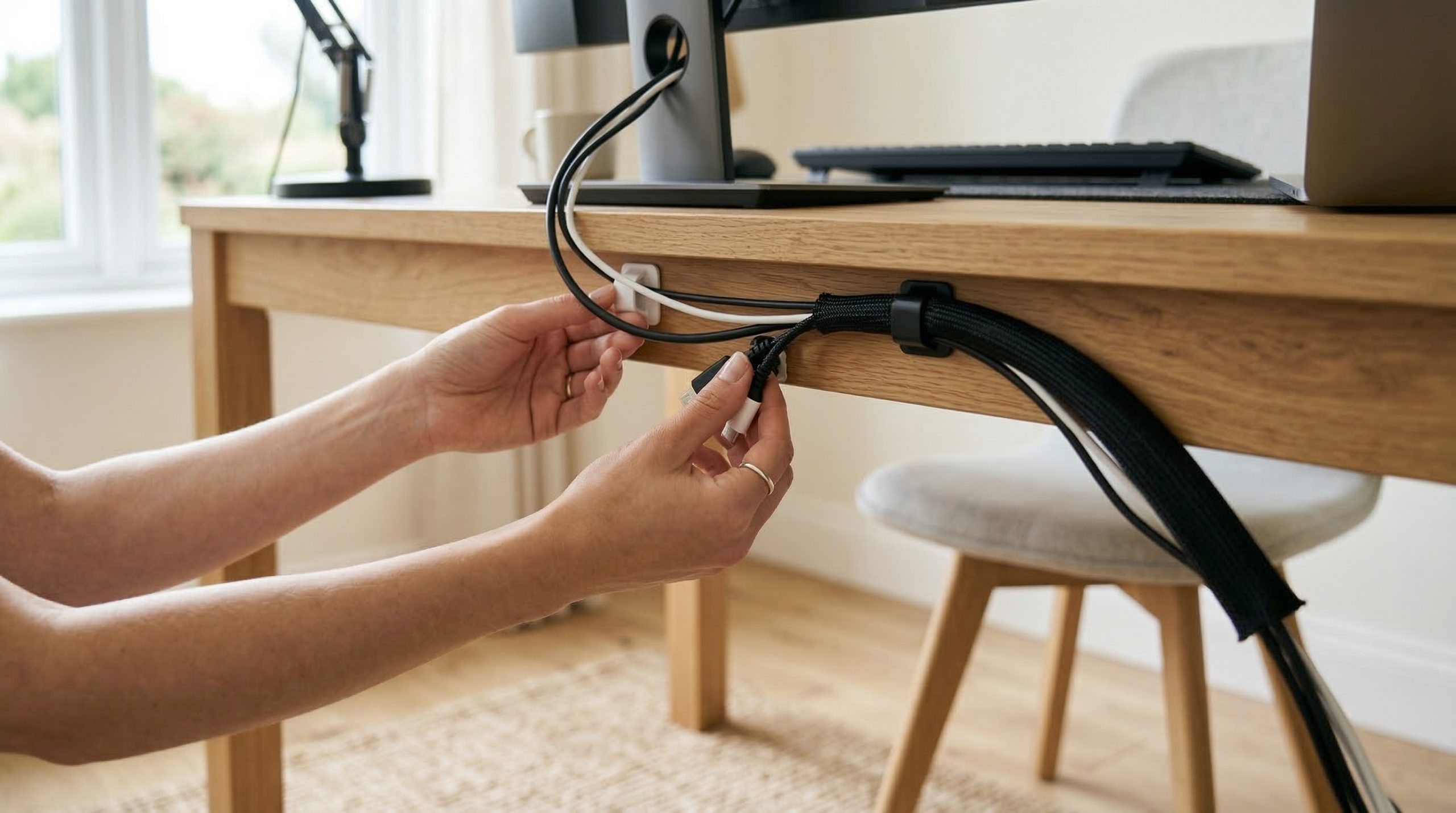Kabler organisert bak et skrivebord