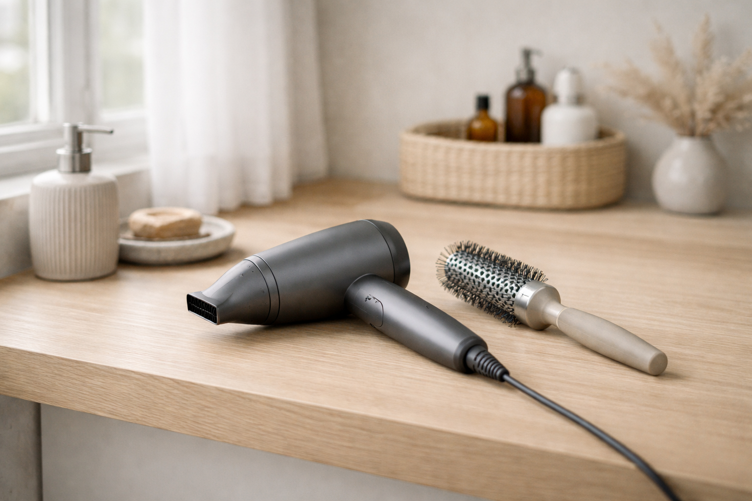 En hårføner og en hårbørste på et bord