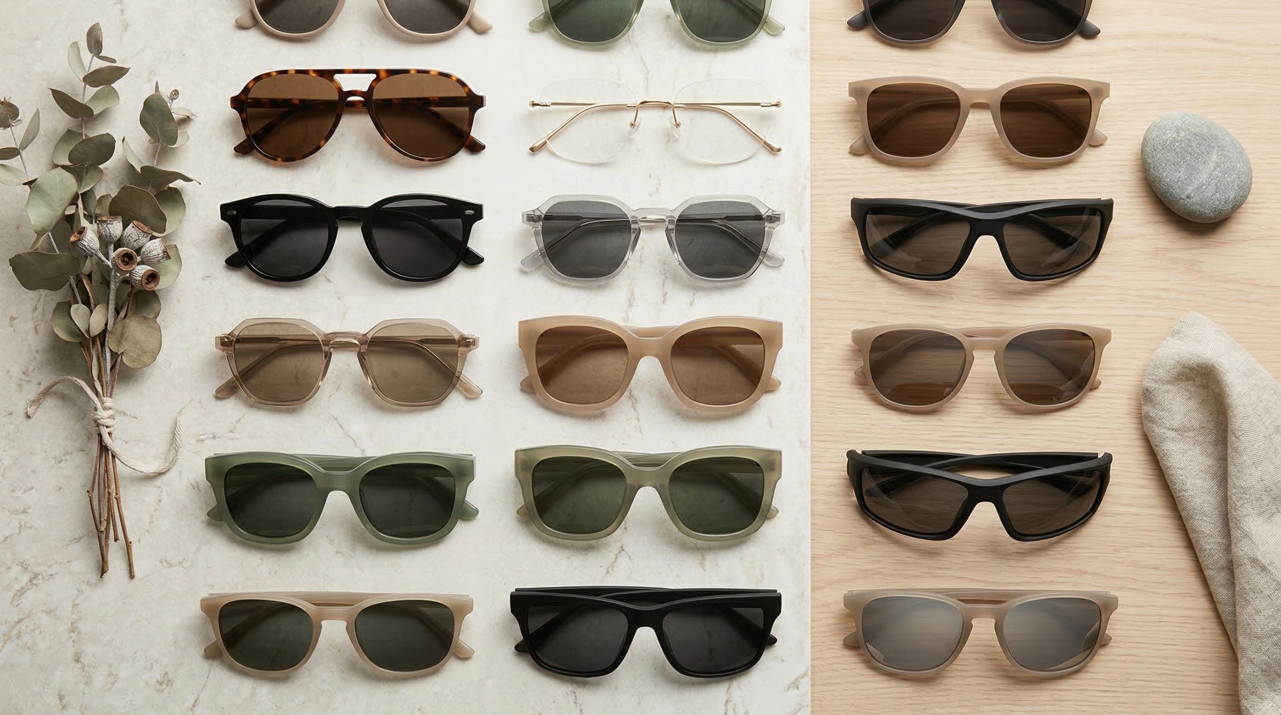 Utallige solbriller på et bord