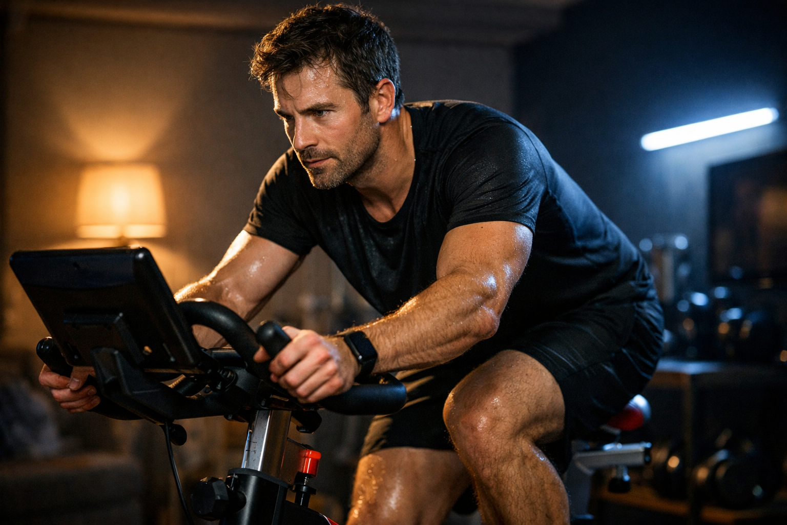 En mann i et mørkt rom som trener på en spinningsykkel