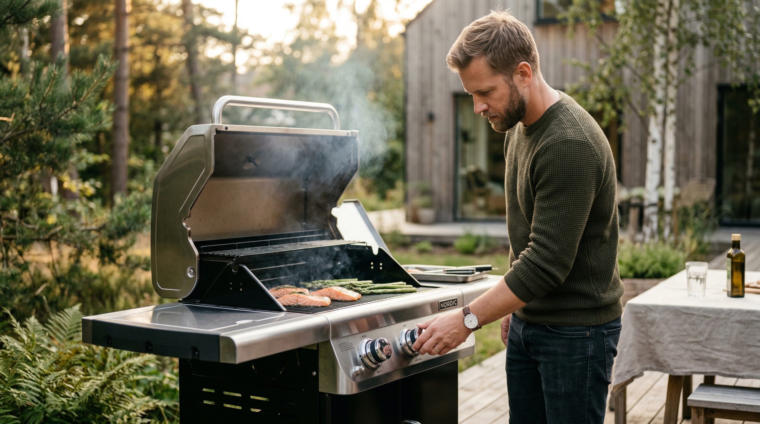 En manns om griller på en moderne gassgrill