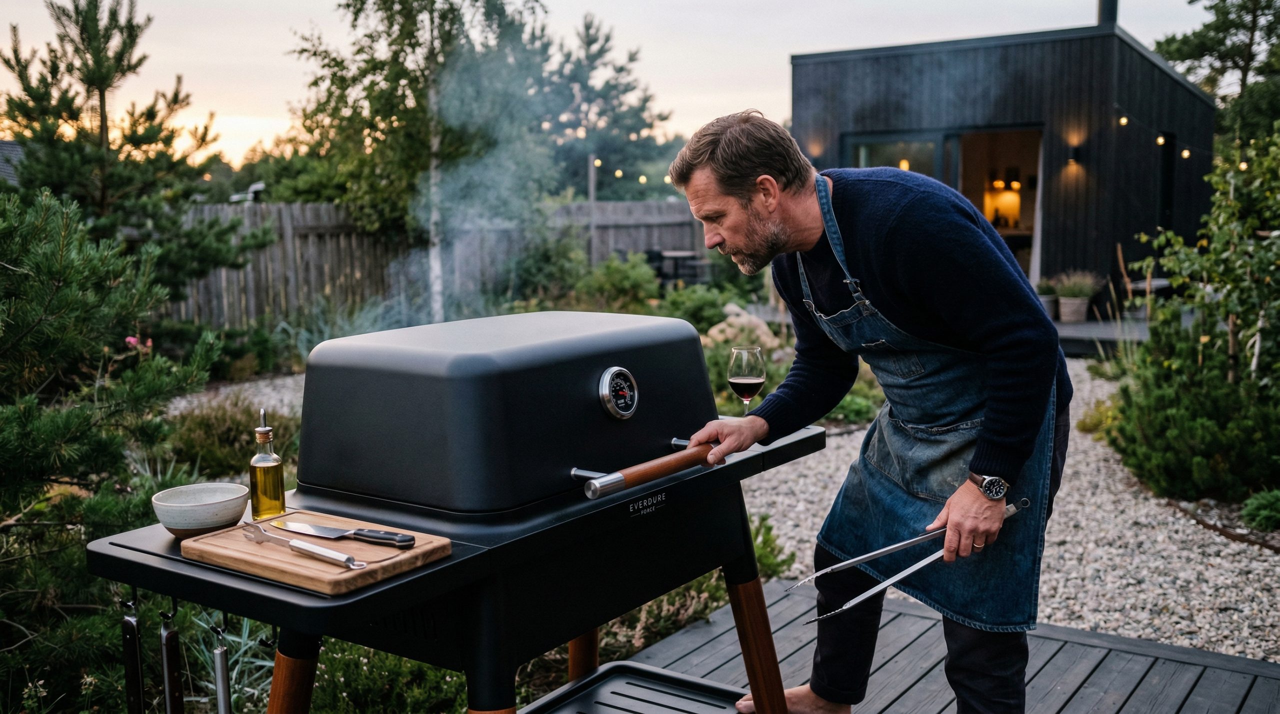 En mann som kontrollerer temperaturen på grillen sin
