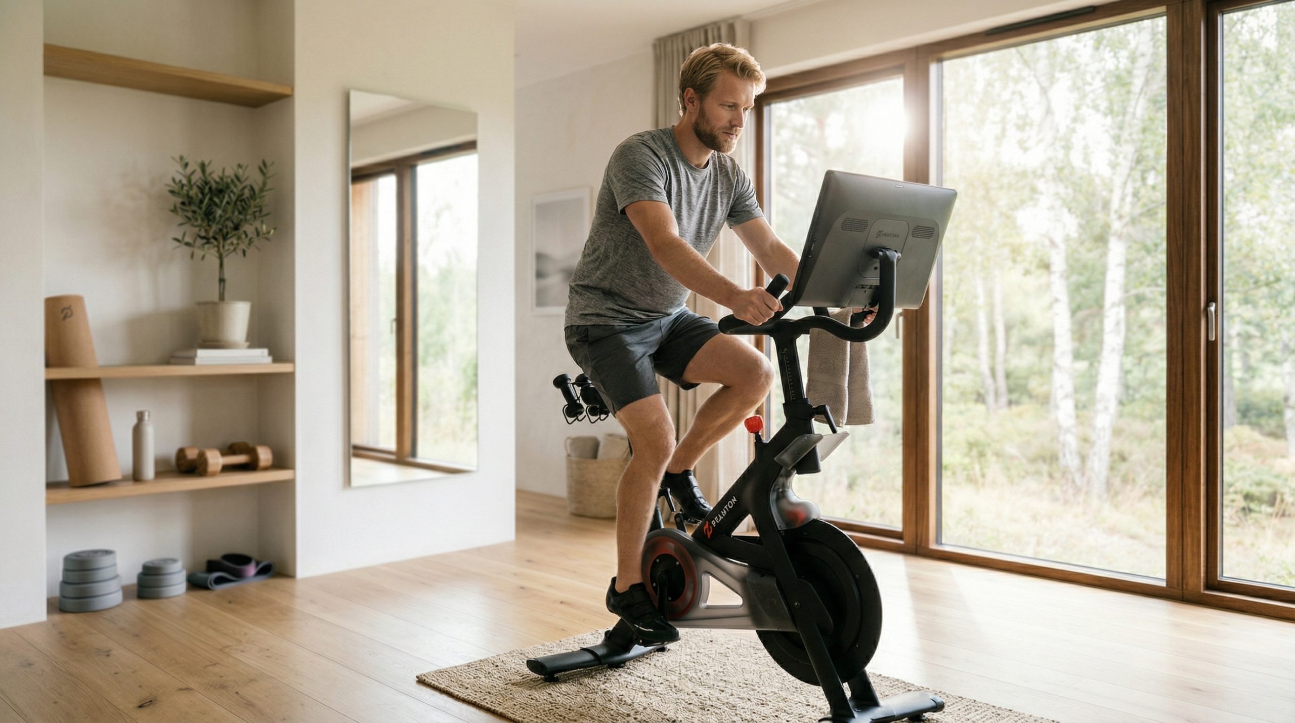 En mann på en treningssykkel i en norsk stue