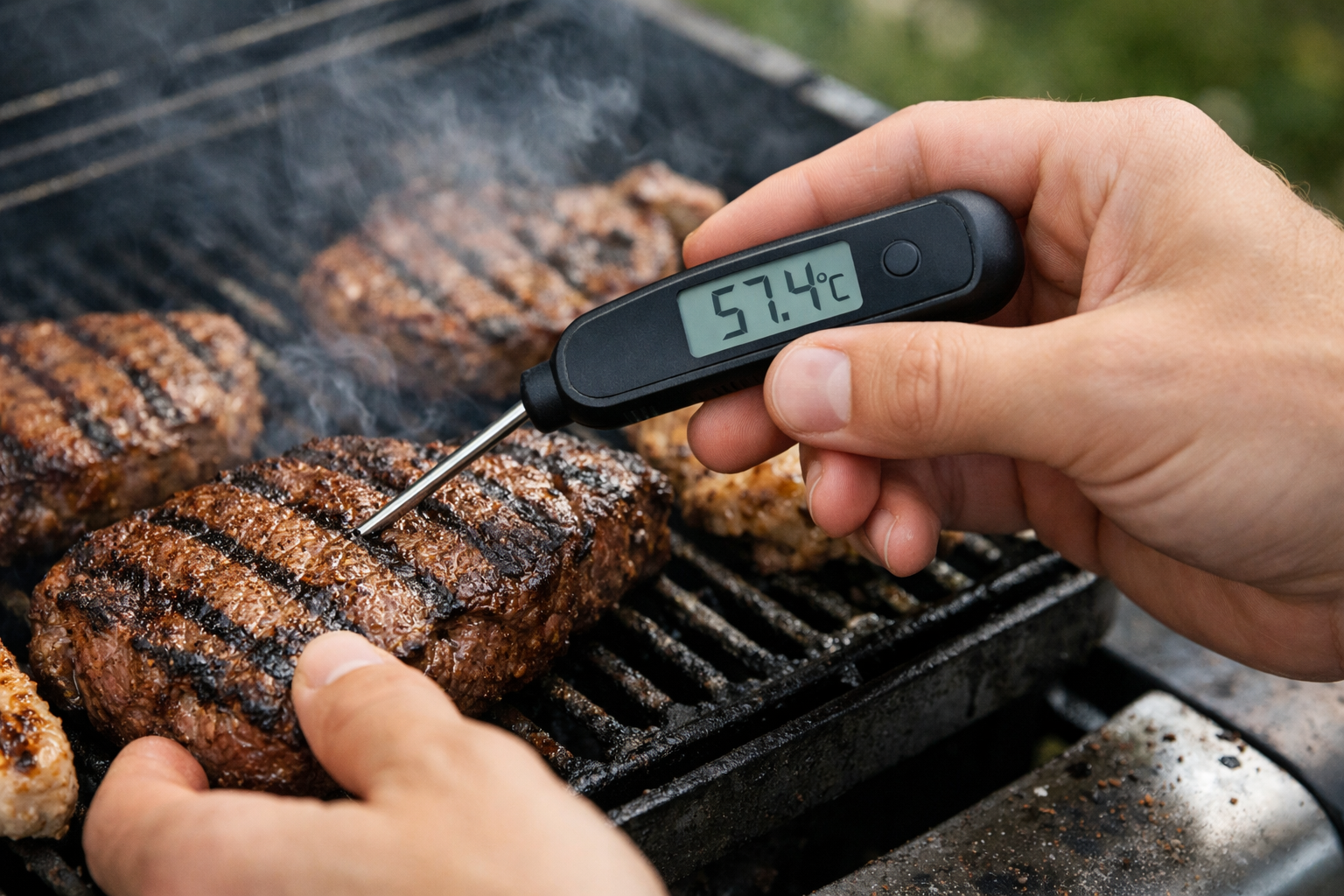 En temperaturmåler som måler grillmat-temperatur