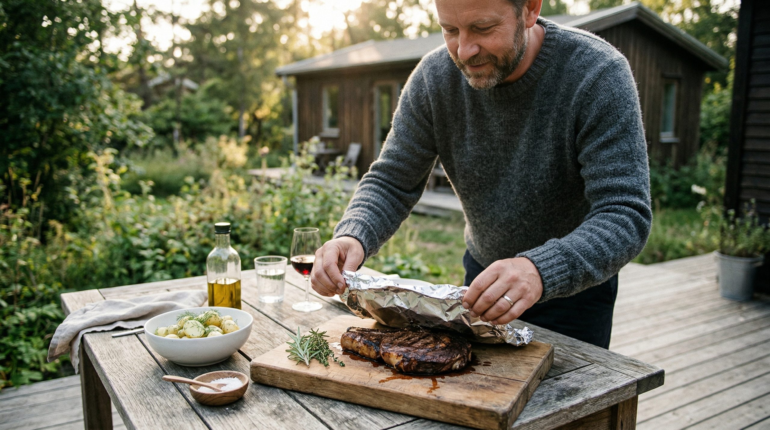 En mann som lar grillmaten hvile på et bord
