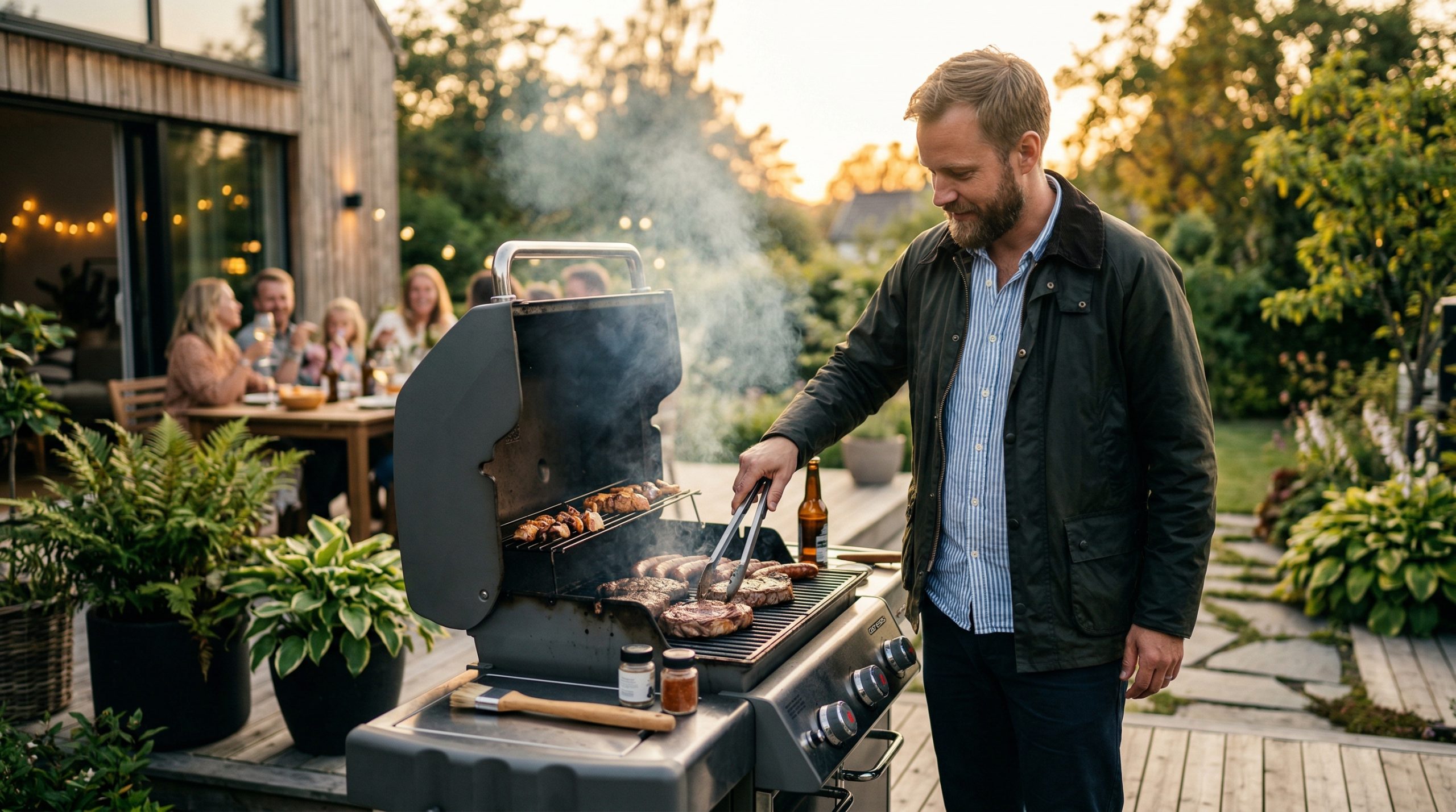 En mann som griller på en moderne gassgrill