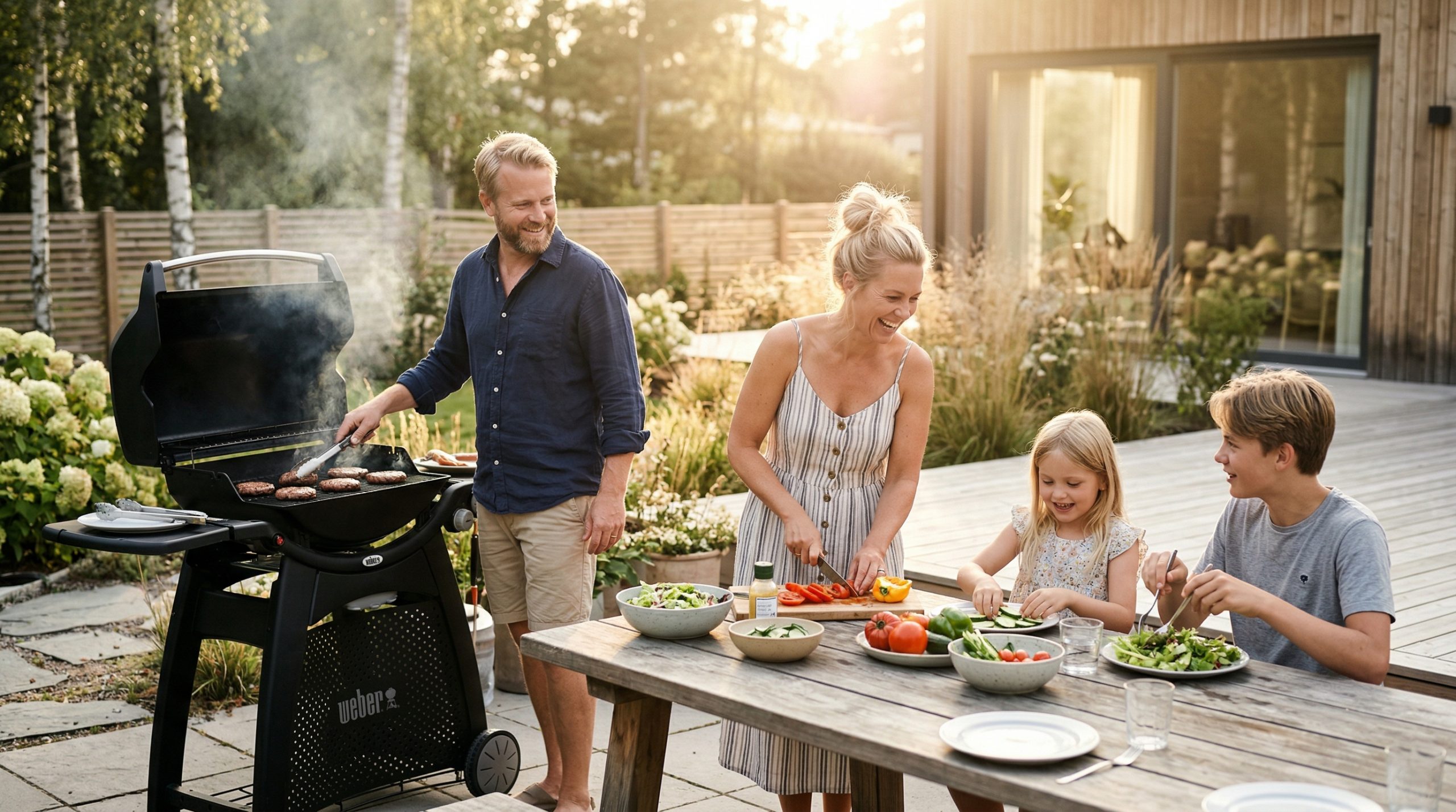 En familie samlet rundt en grill i hagen