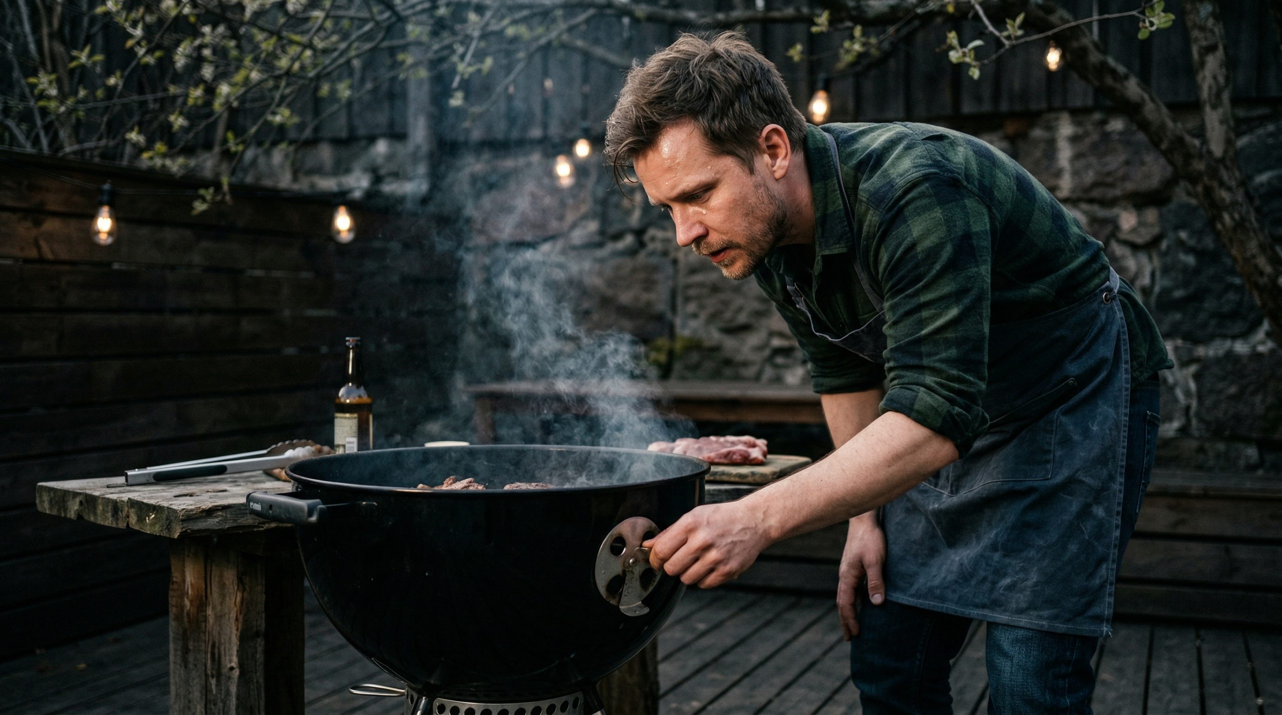 En mann som justerer kullgrillen sin i en bakgård