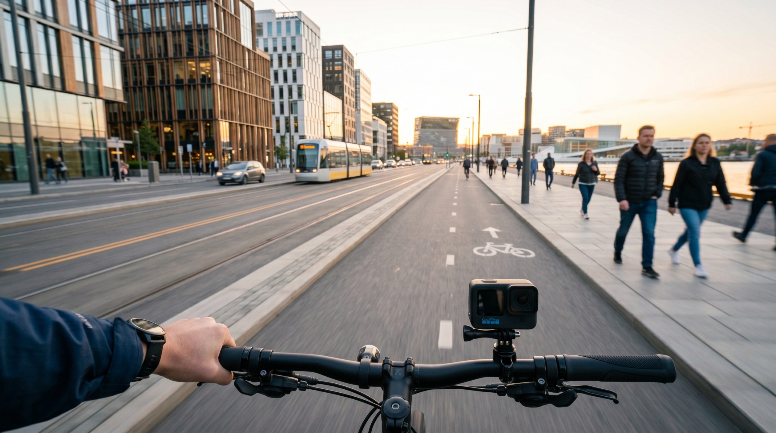 Et actionkamera montert på et sykkelstyre