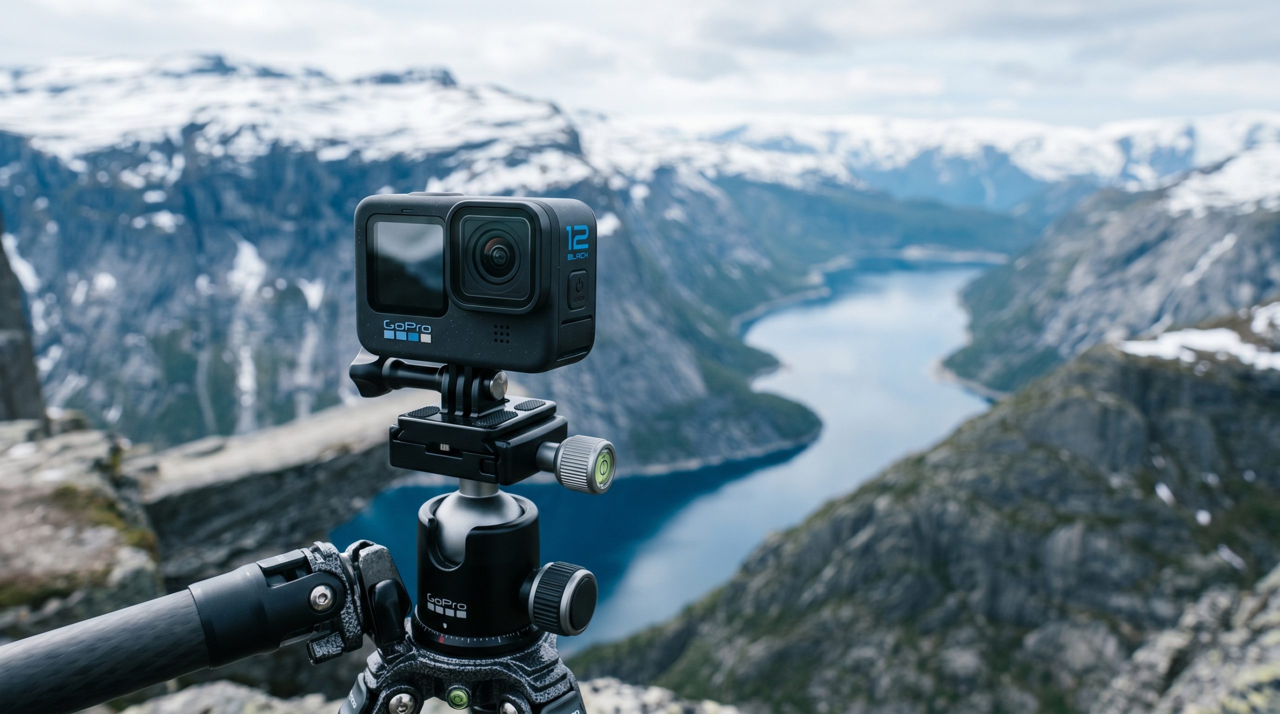Actionkamera montert på et stativ på en fjelltopp