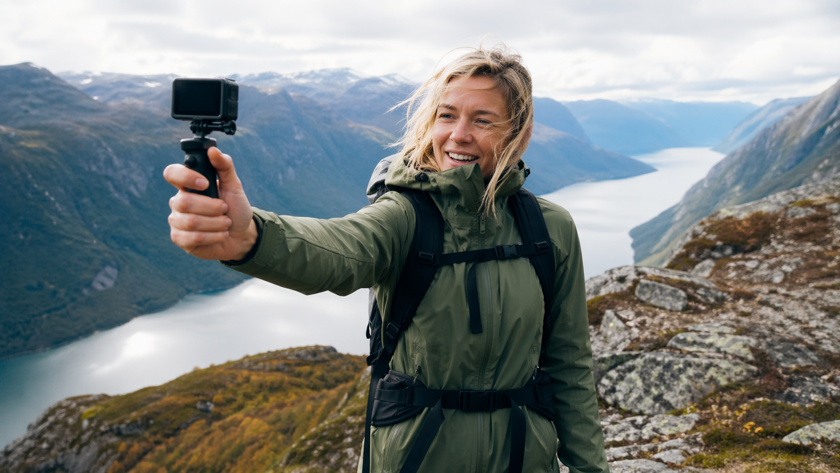 En kvinne med et actionkamera på en fjelltopp