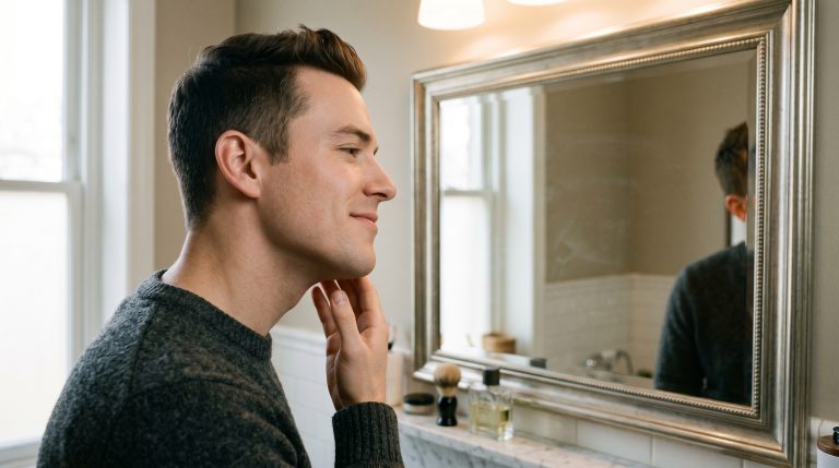 En mann med glattbarbert ansikt ser seg selv i speilet