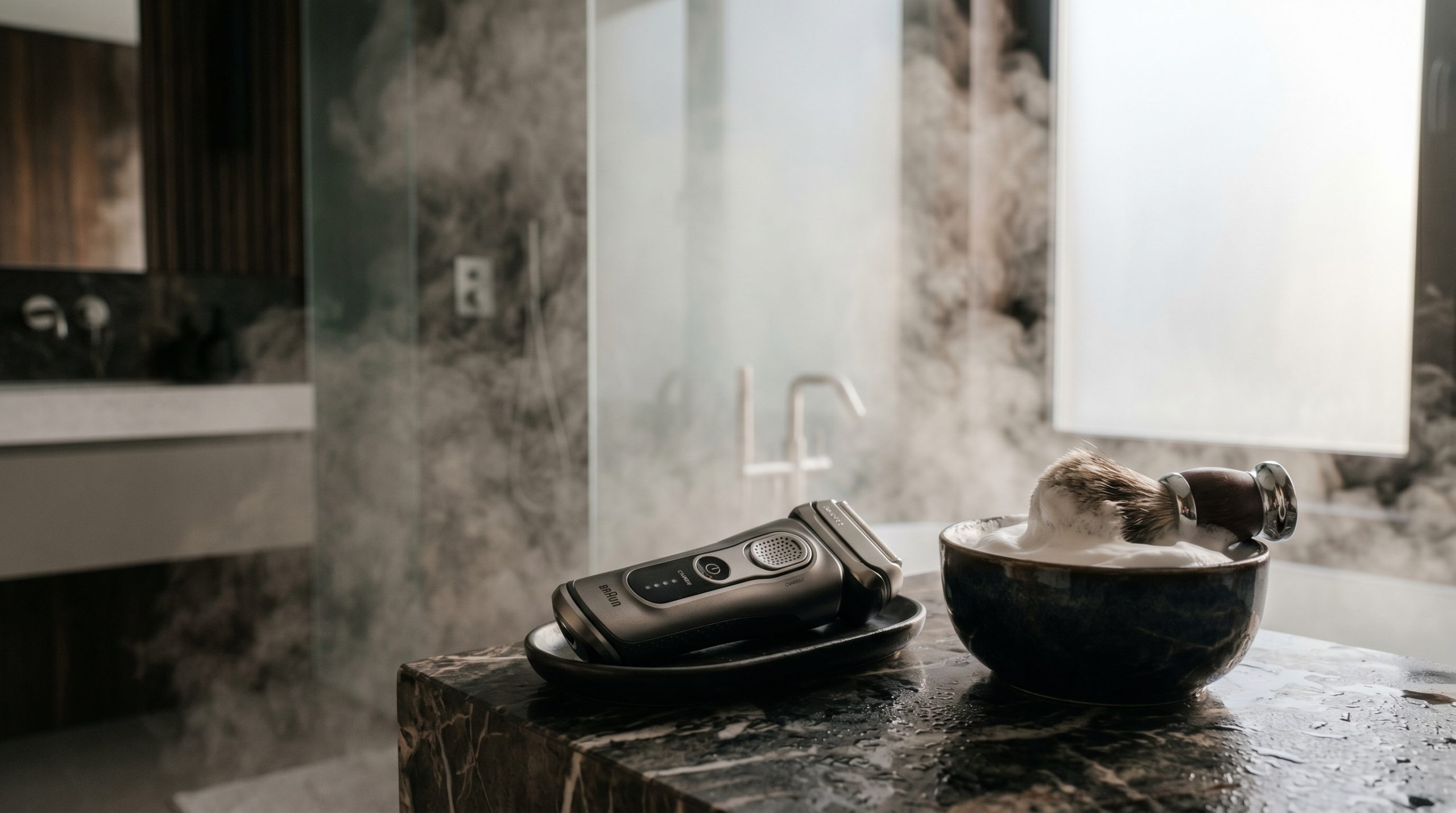 En barbermaskin og barberskum på et luksuriøst bad
