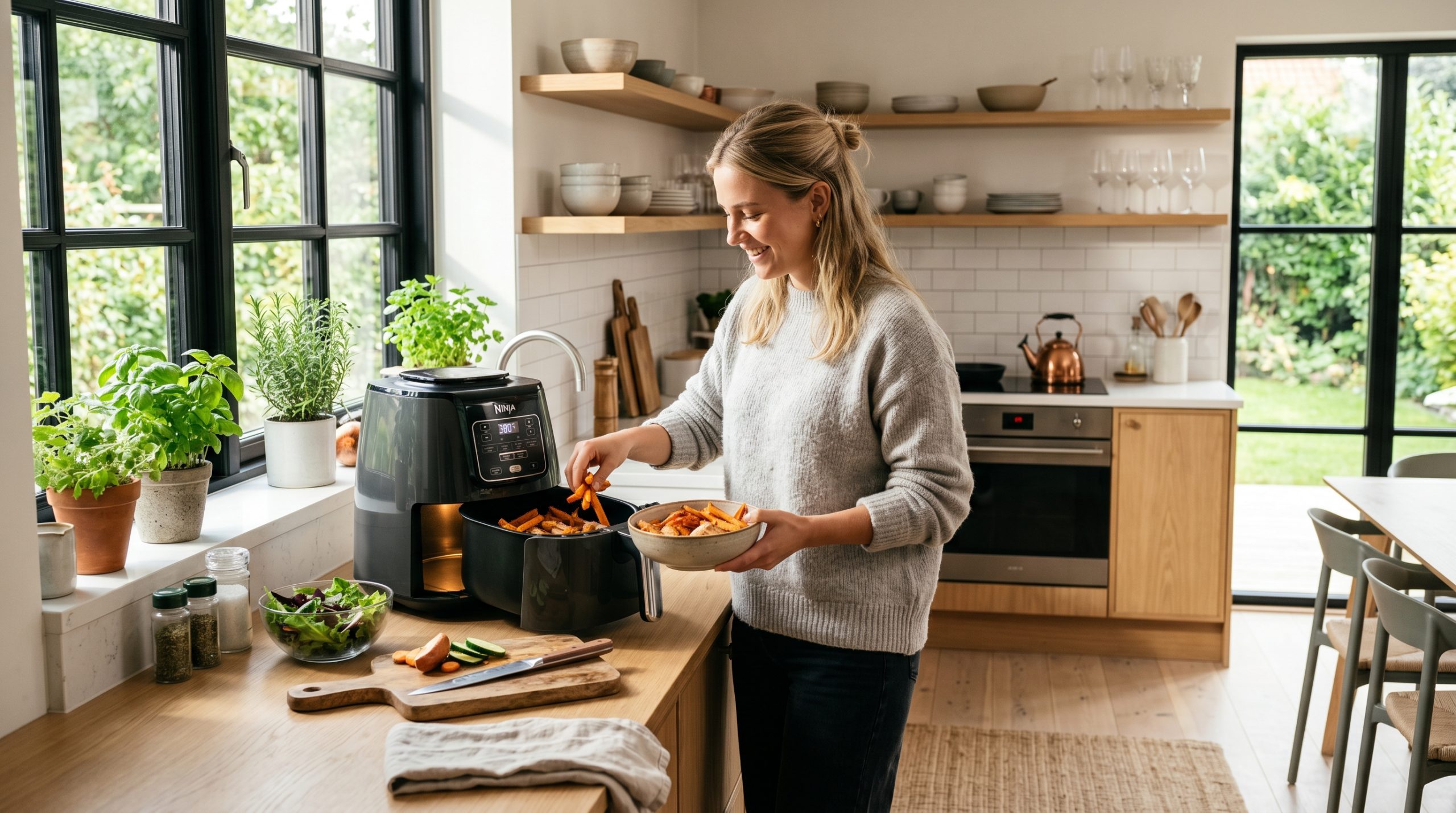 En kvinne som plukker fries ut av en airfryer