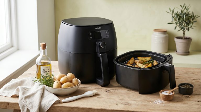 En moderne airfryer på et kjøkkenbord, med poteter ved siden av