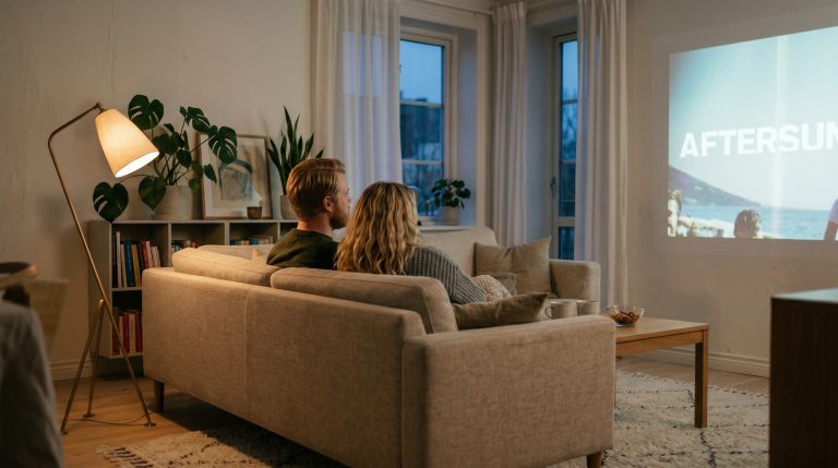 Et par som sitter i en stue og ser på et bilde projisert på en vegg