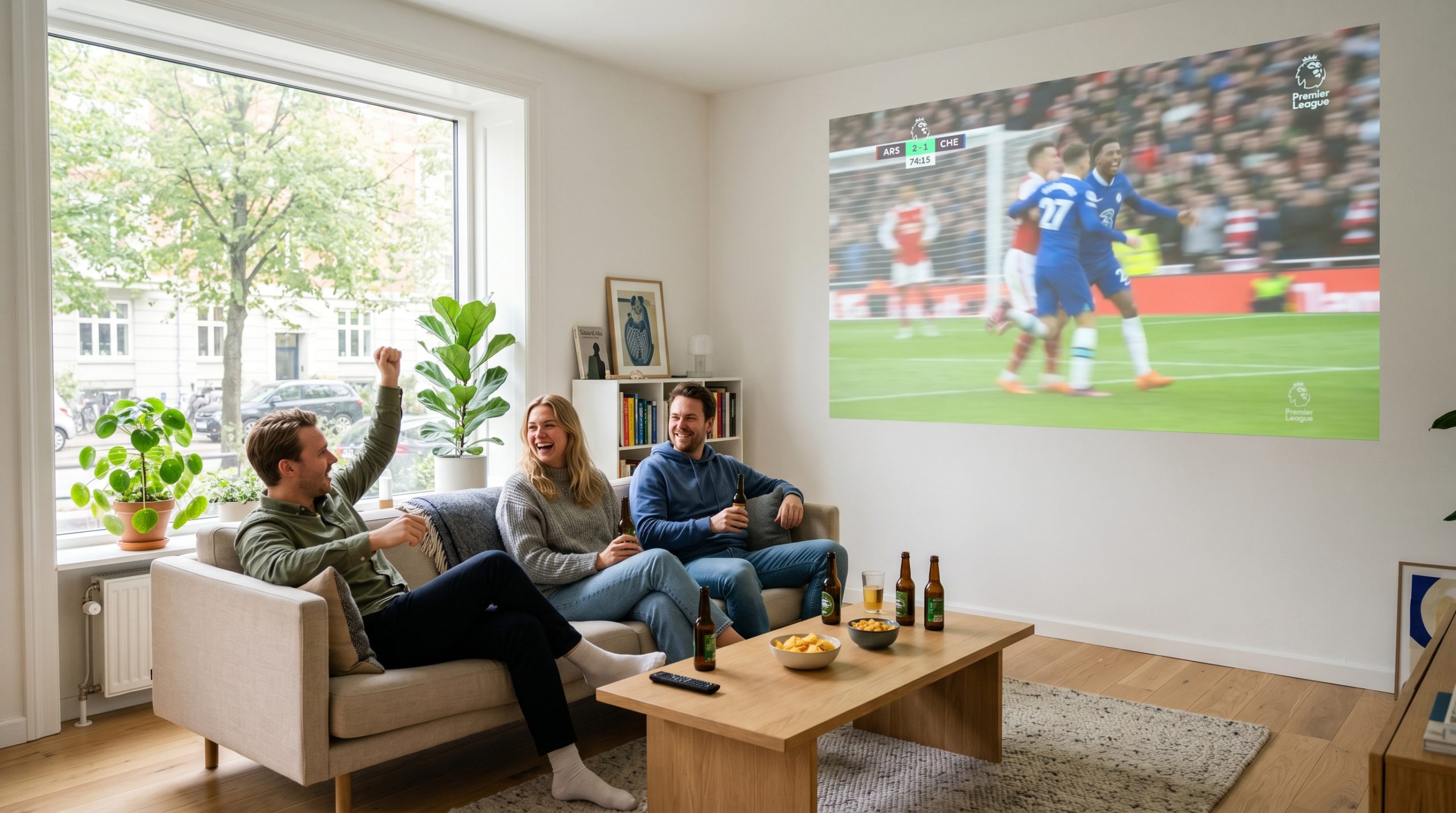 Tre personer som ser på en fotballkamp projisert på en vegg