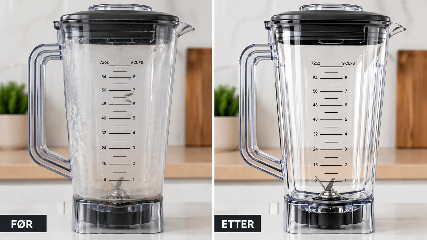En blender før og etter vask