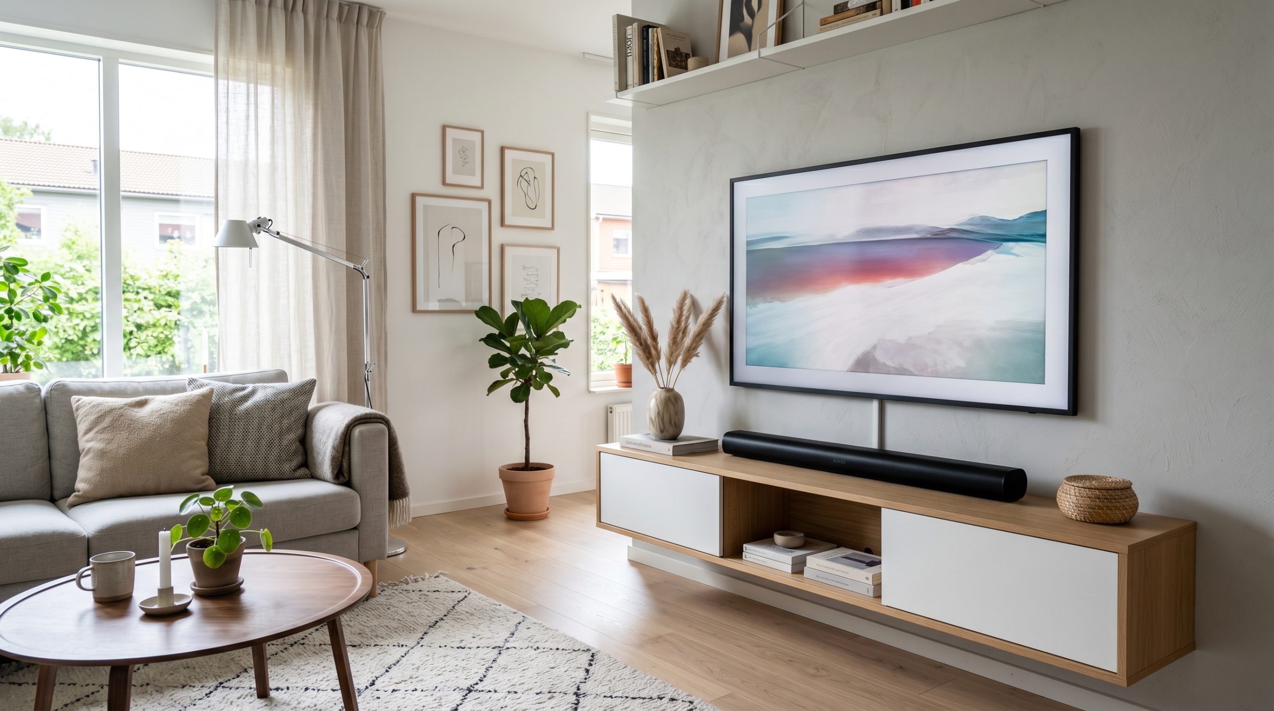 En soundbar under en TV i et norsk hjem