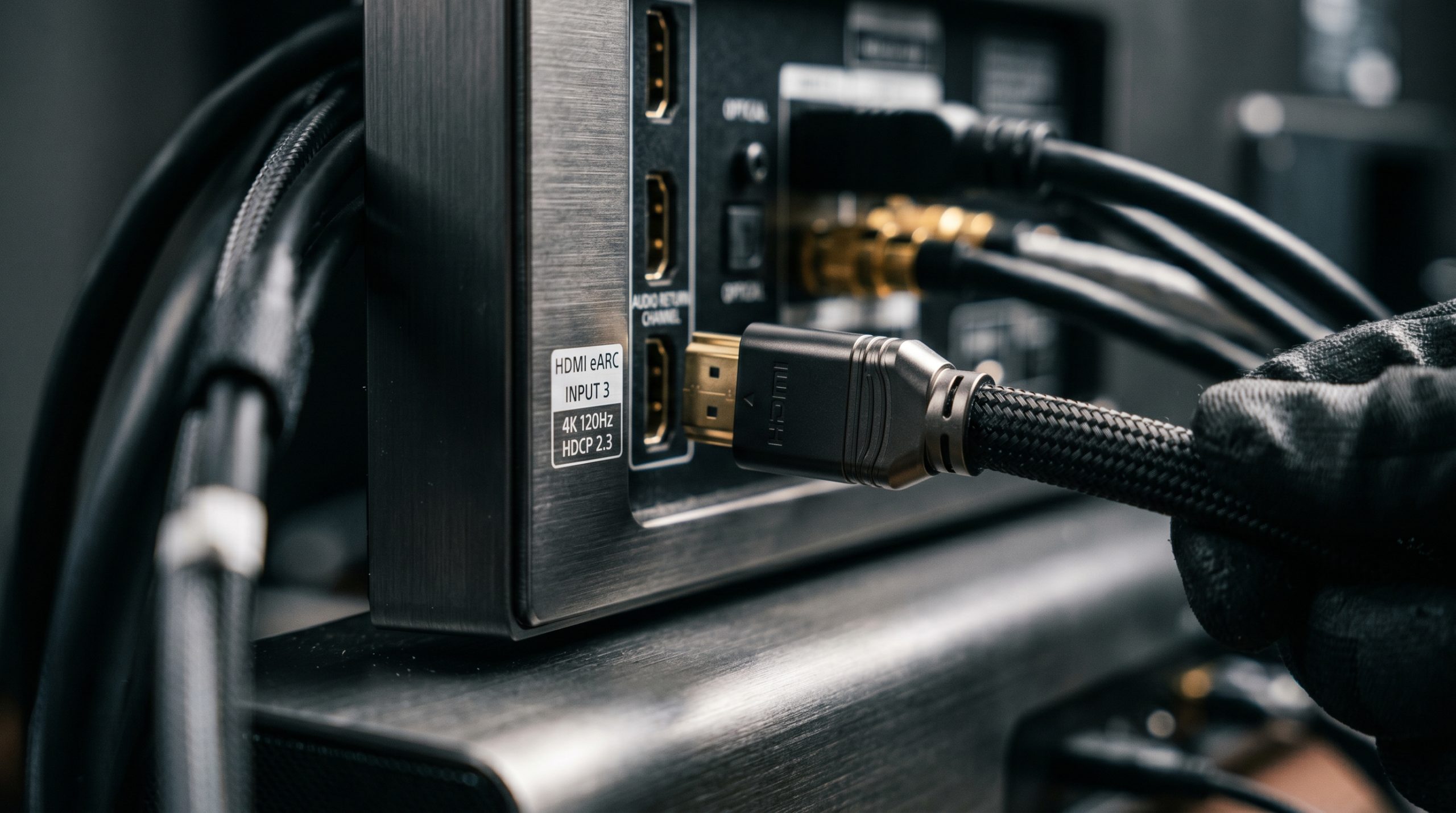 Oppsett bak en TV med tilkobling til en lydplanke