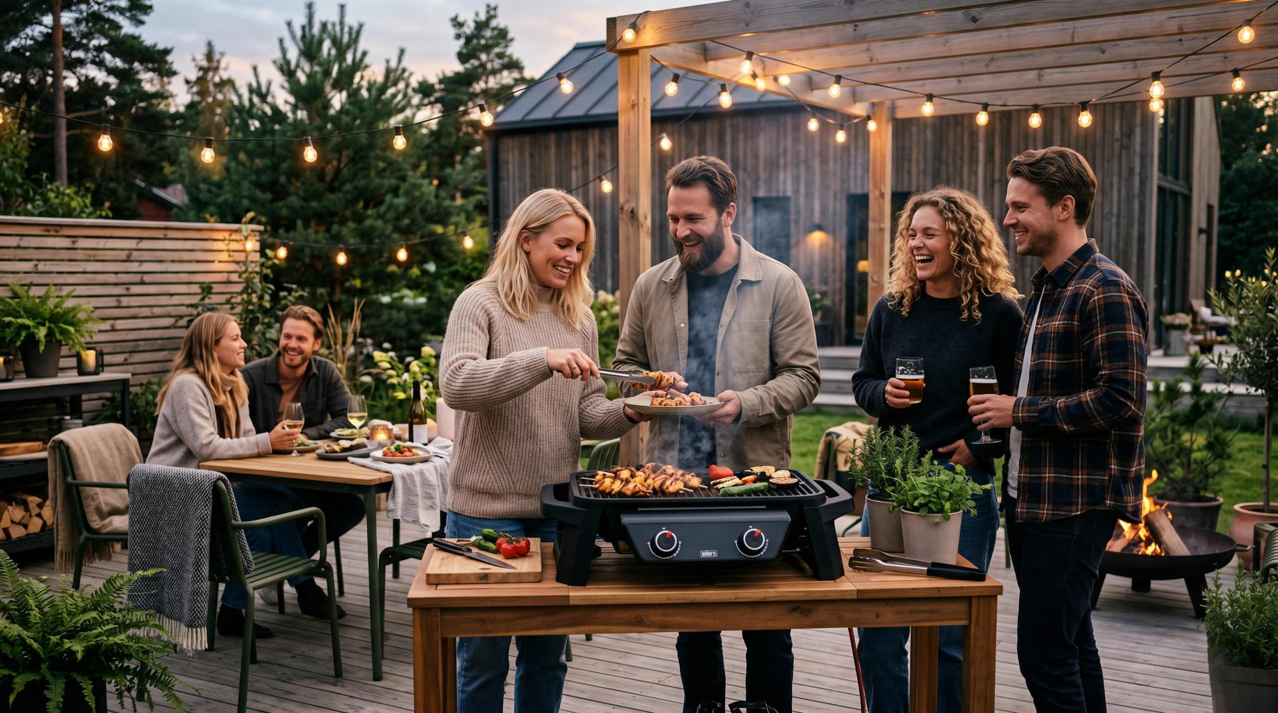 To menn og to kvinner rundt en elektrisk grill i en hage