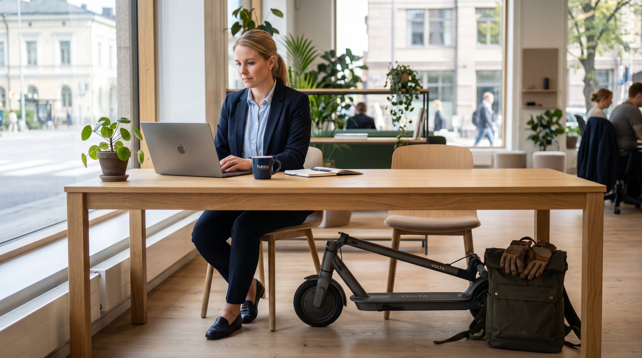 En kvinne på et kontor, med elsparkesykkelen sin under bordet
