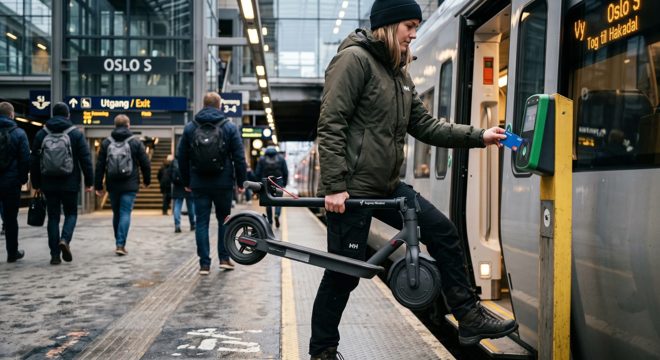 En mann med elsparkesykkel på vei inn på et tog
