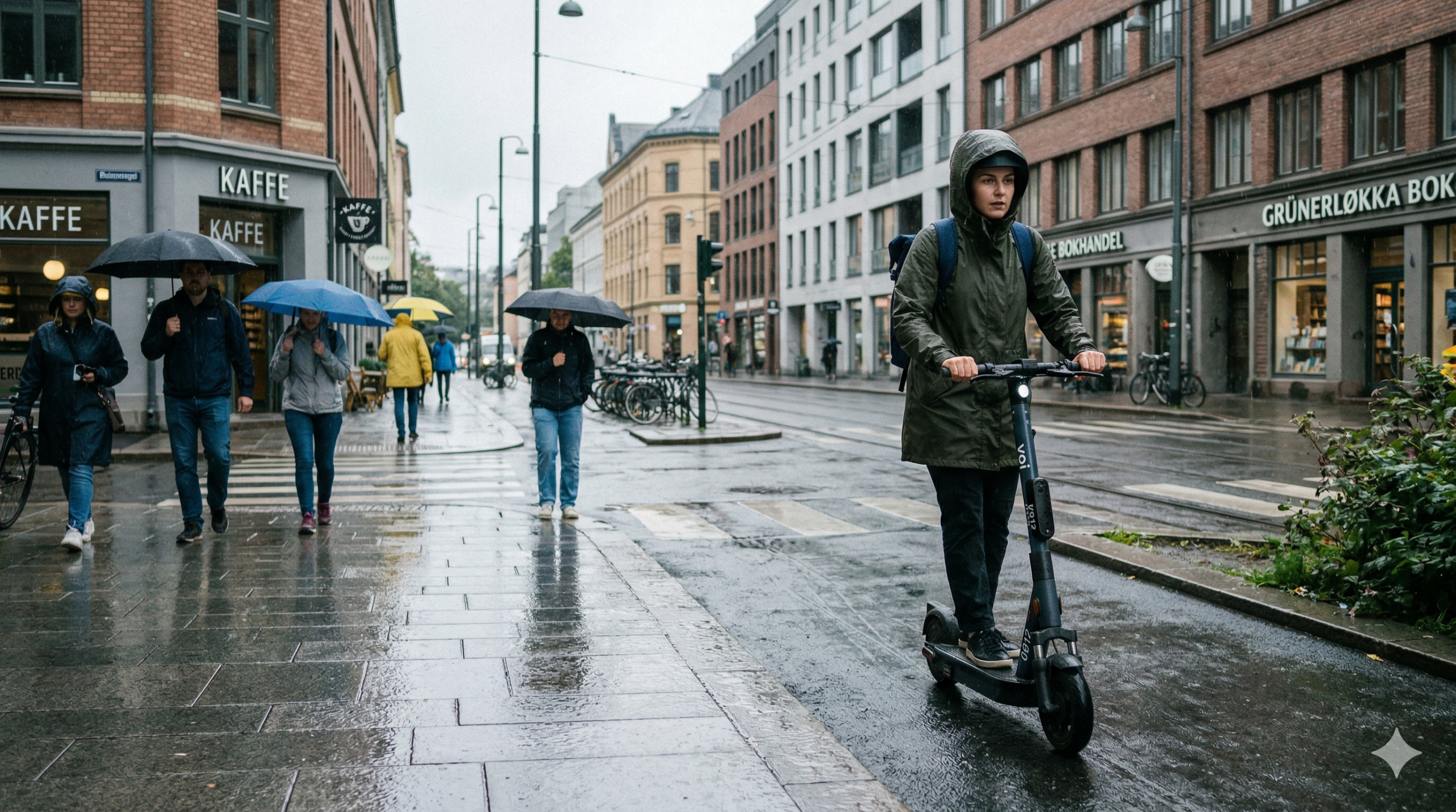 En kvinne som kjører en elsparkesykel i en regntung gate