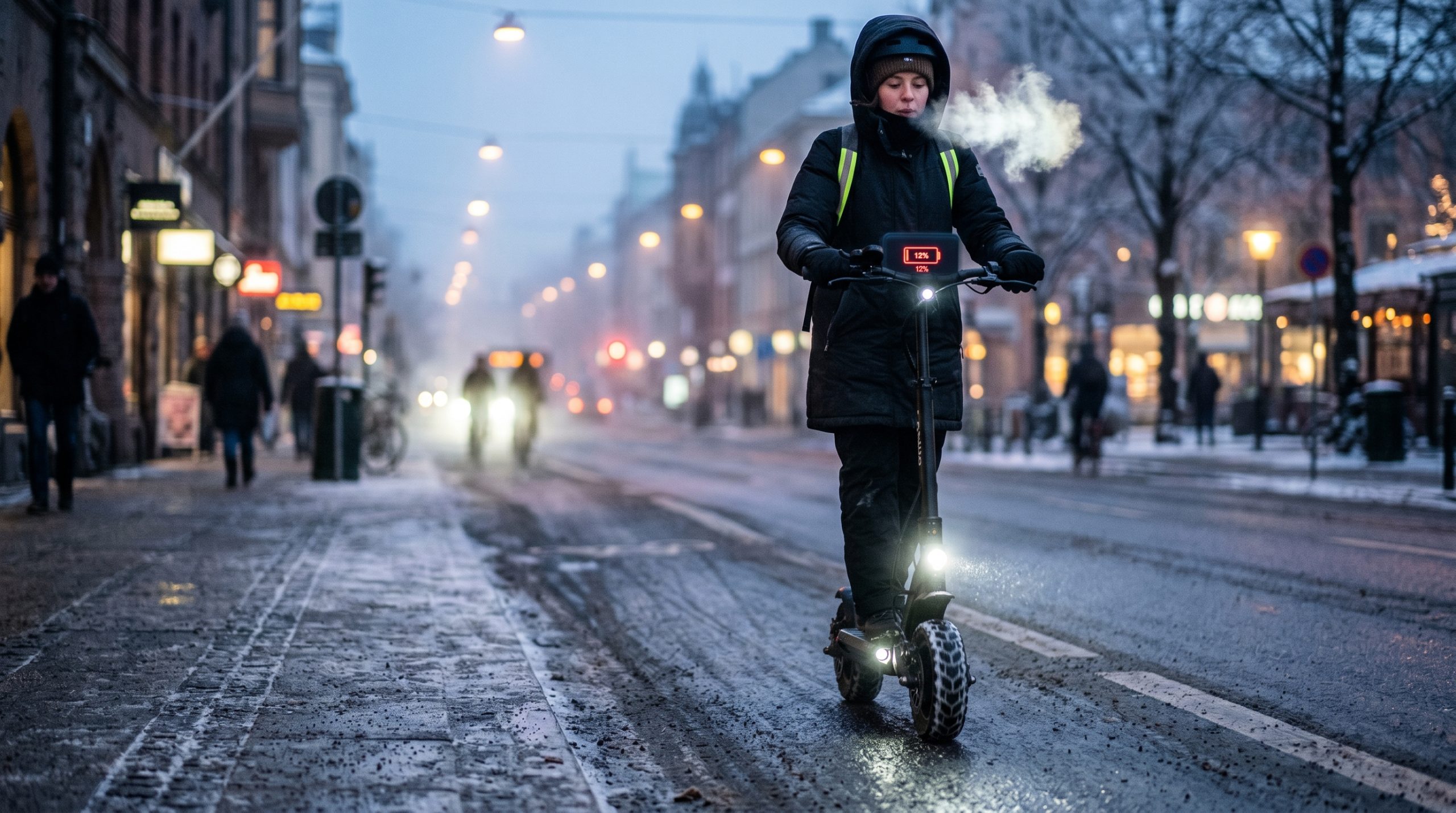 En kvinne på elsparkesykkel på vinteren i en norsk by