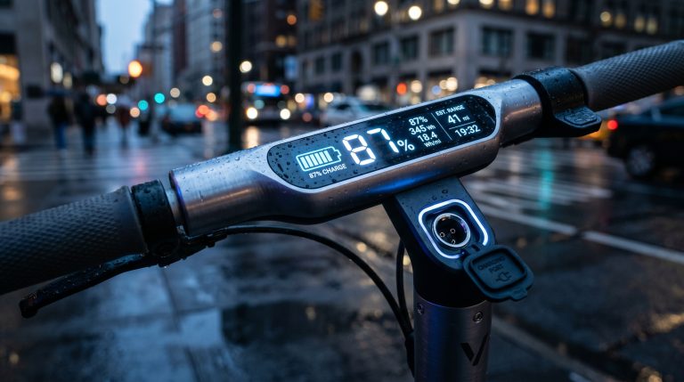 Displayet på en elsparkesykkel som viser batterikapasitet