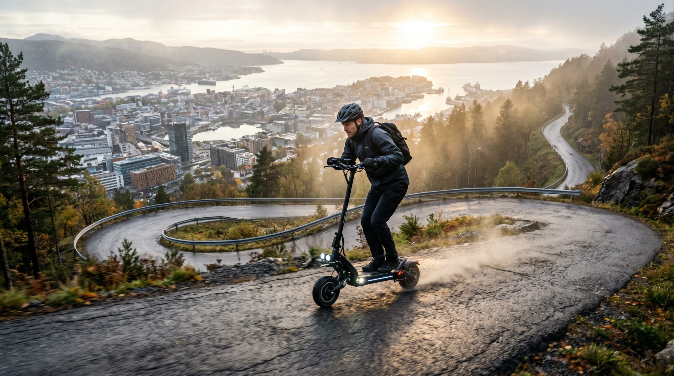 En mann på en elsparkesykkel opp en kronglete skogsvei