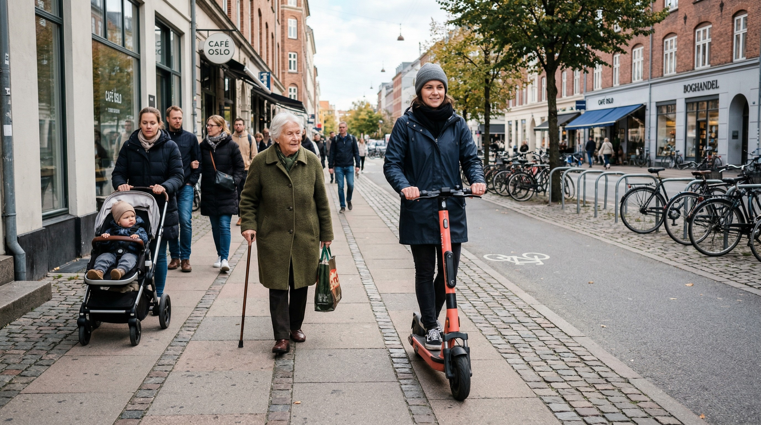 En elsparkesyklist som kjører forbi en eldre kvinne