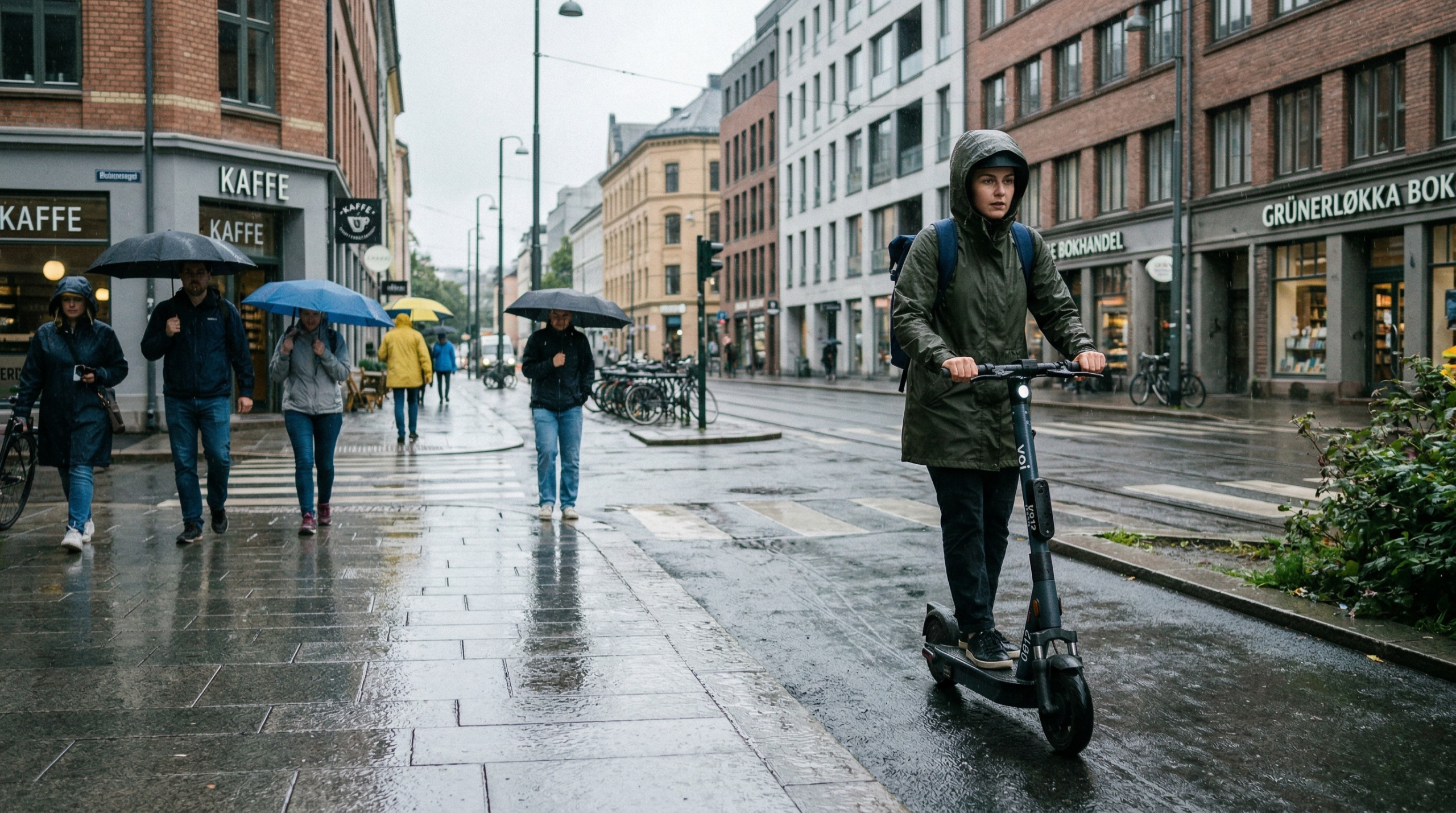 En kvinne som kjører en elsparkesykel i en regntung gate