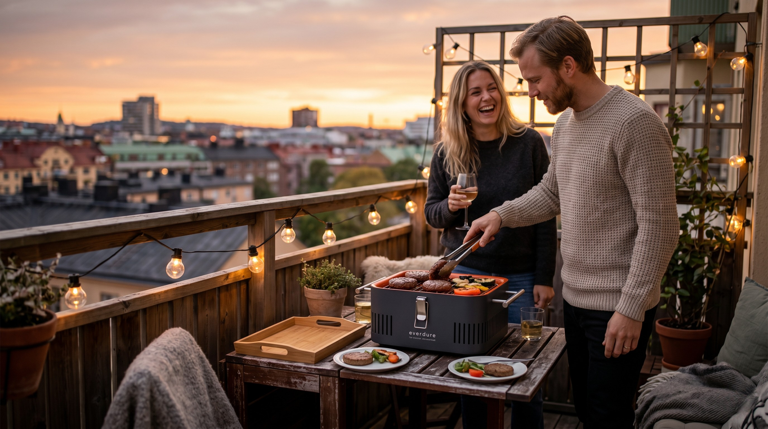 Et par som griller på sin Everdure Cube på en veranda i en by