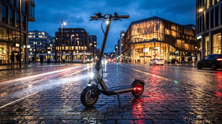 En elsparkesykkel i veien i en bygate på kvelden