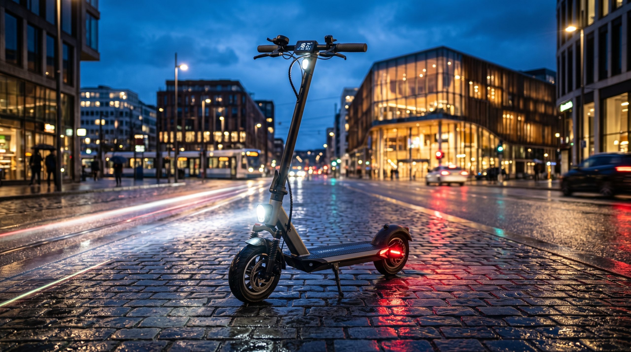 En elsparkesykkel i veien i en bygate på kvelden